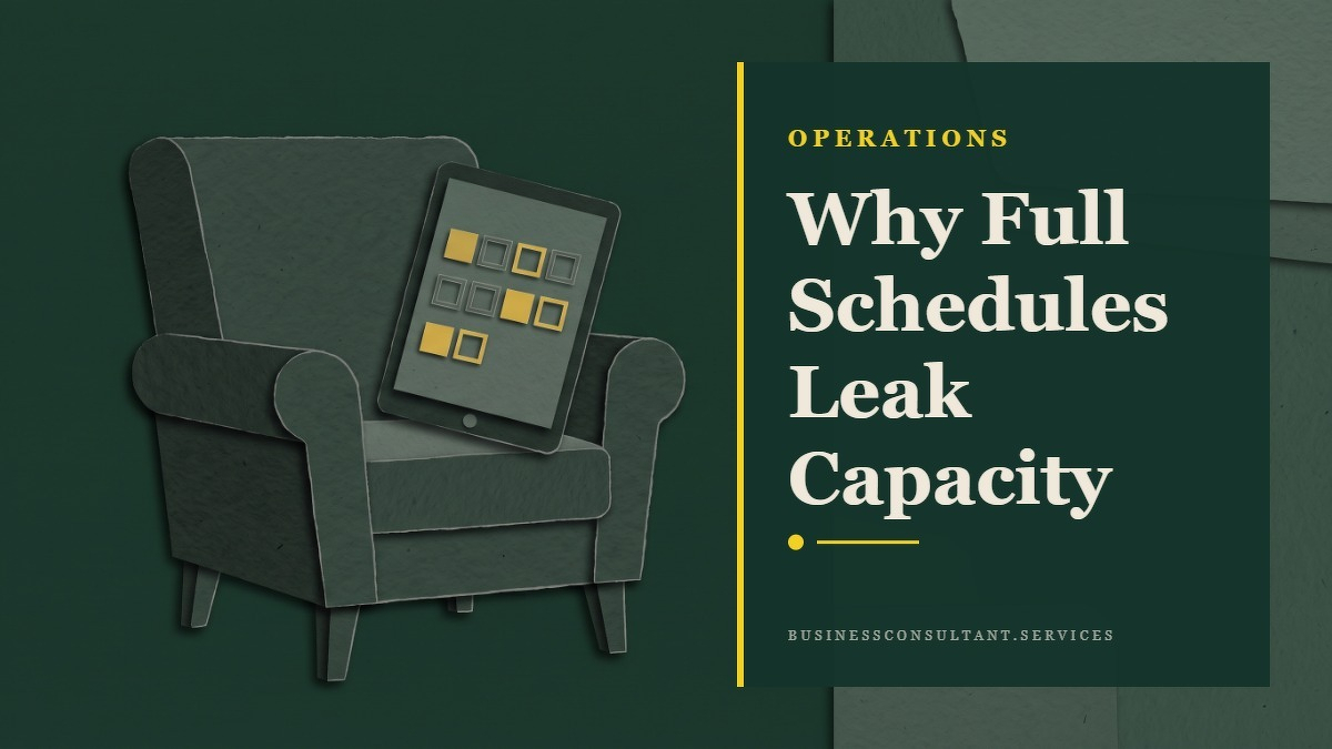 Social card for businessconsultant.services: "Why Full Schedules Leak Capacity", flat-design graphic, split layout, plum palette, warning motif.