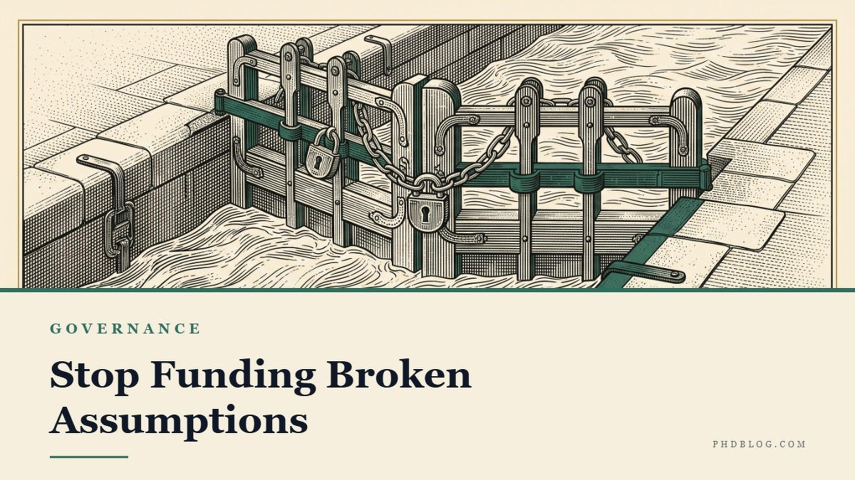 Social card for phdblog.com: "Stop Funding Broken Assumptions", flat-design graphic, split layout, teal palette, warning motif.