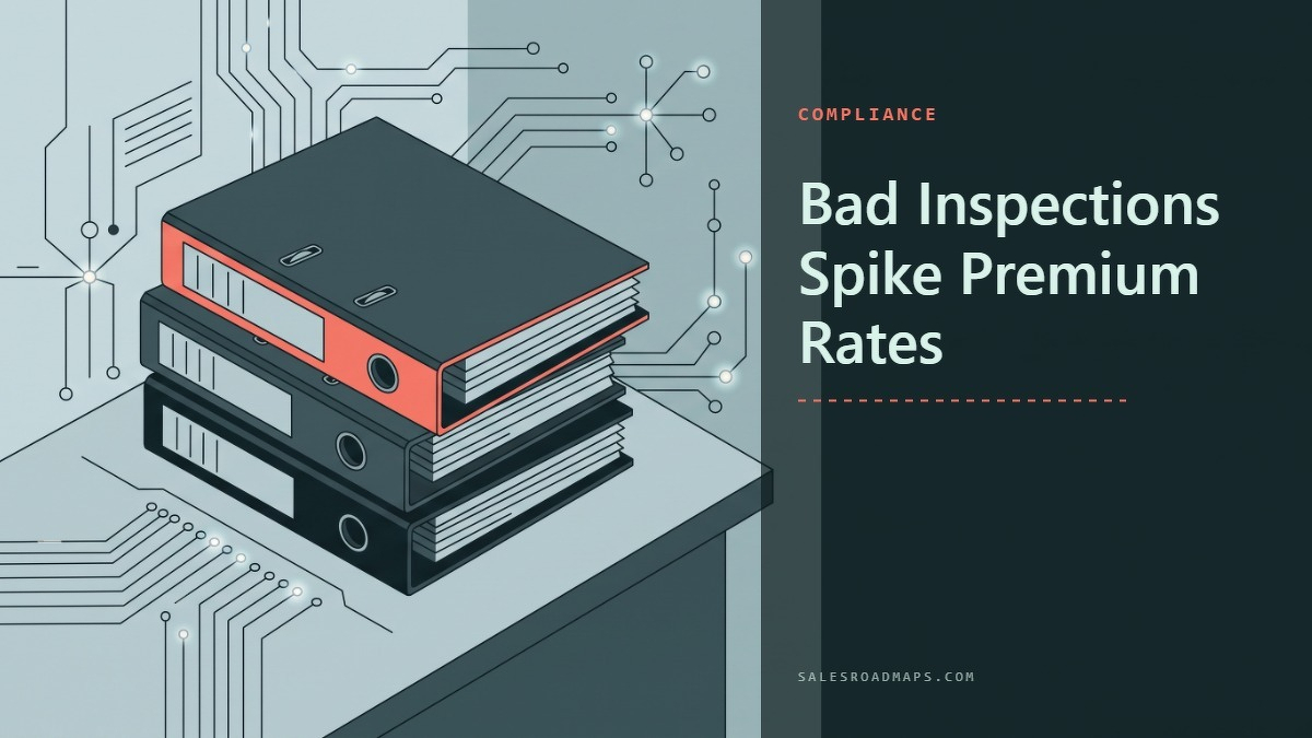 Social card for salesroadmaps.com: "Bad Inspections Spike Premium Rates", flat-design graphic, split layout, plum palette, checklist motif.