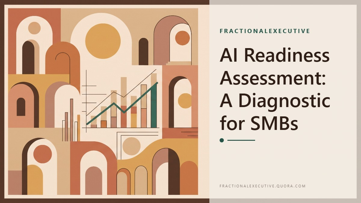 Social card for fractionalexecutive.quora.com: "AI Readiness Assessment: A Diagnostic for SMBs", flat-design graphic, diagonal layout, chart motif.