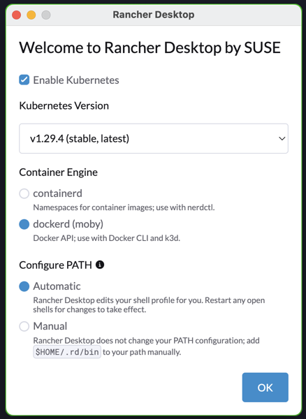 Rancher Desktop config screenshot