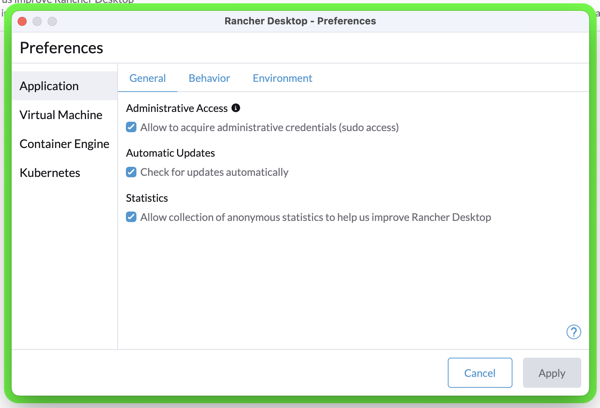 Rancher Desktop Preferences