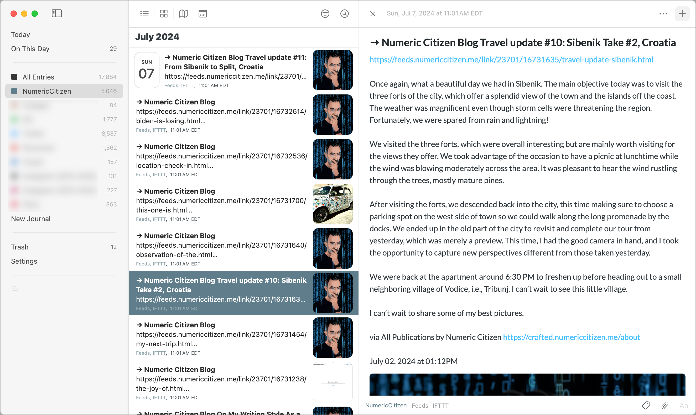 Auto-generated description: A digital journal page displays entries about a travel update to Sibenik, Croatia, with dates, times, and accompanying images.