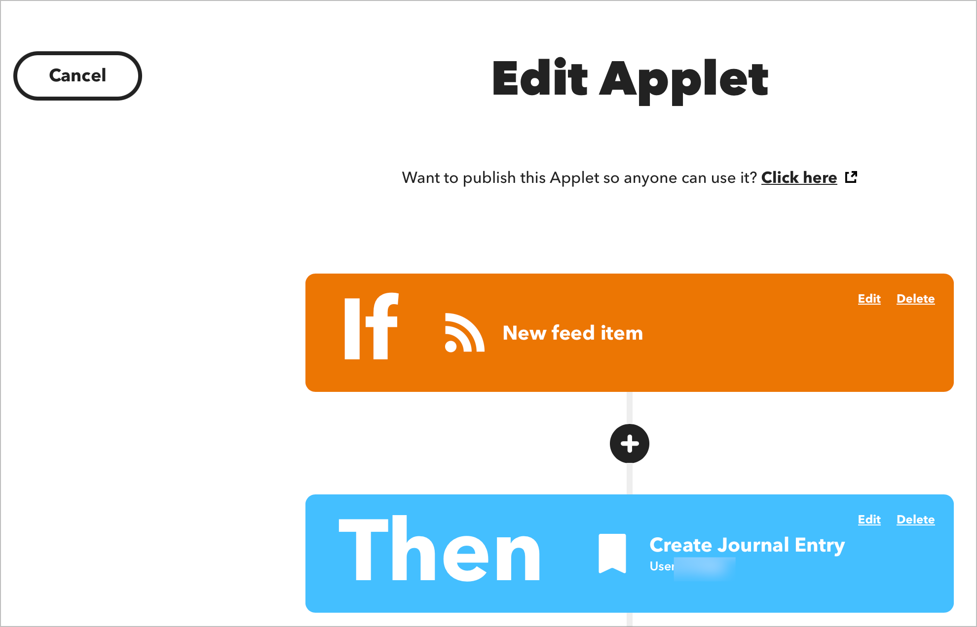 Auto-generated description: An applet editing interface shows a trigger action for a New feed item and a resulting action to Create Journal Entry.