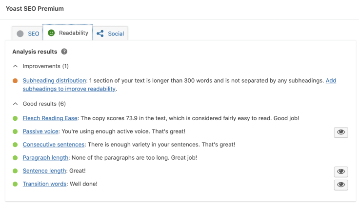 Auto-generated description: A Yoast SEO Premium analysis displays improvements and positive results for SEO and readability, highlighting areas like subheading distribution and Flesch Reading Ease score.