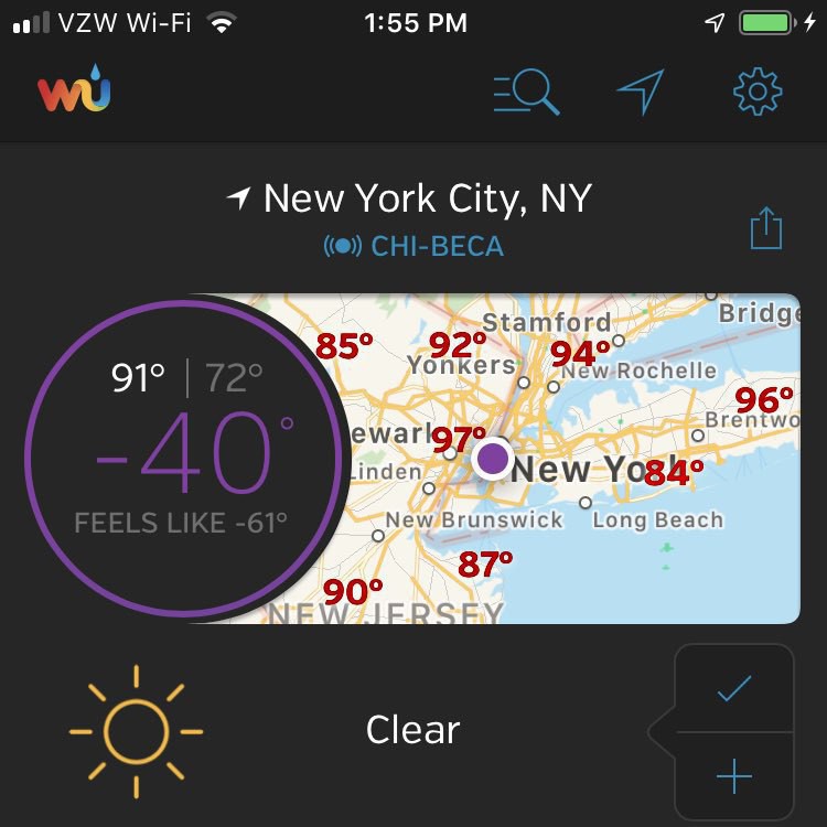 Weather Underground iOS App Showing the Temperature as -40°.