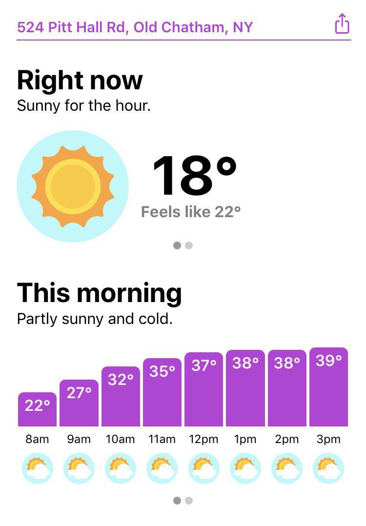 Screen shot of weather app. 18° Fahrenheit.