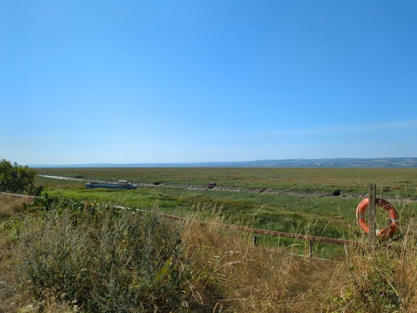A grassy landscape with a distant waterway and a lifebuoy attached to a wooden post under a clear blue sky.