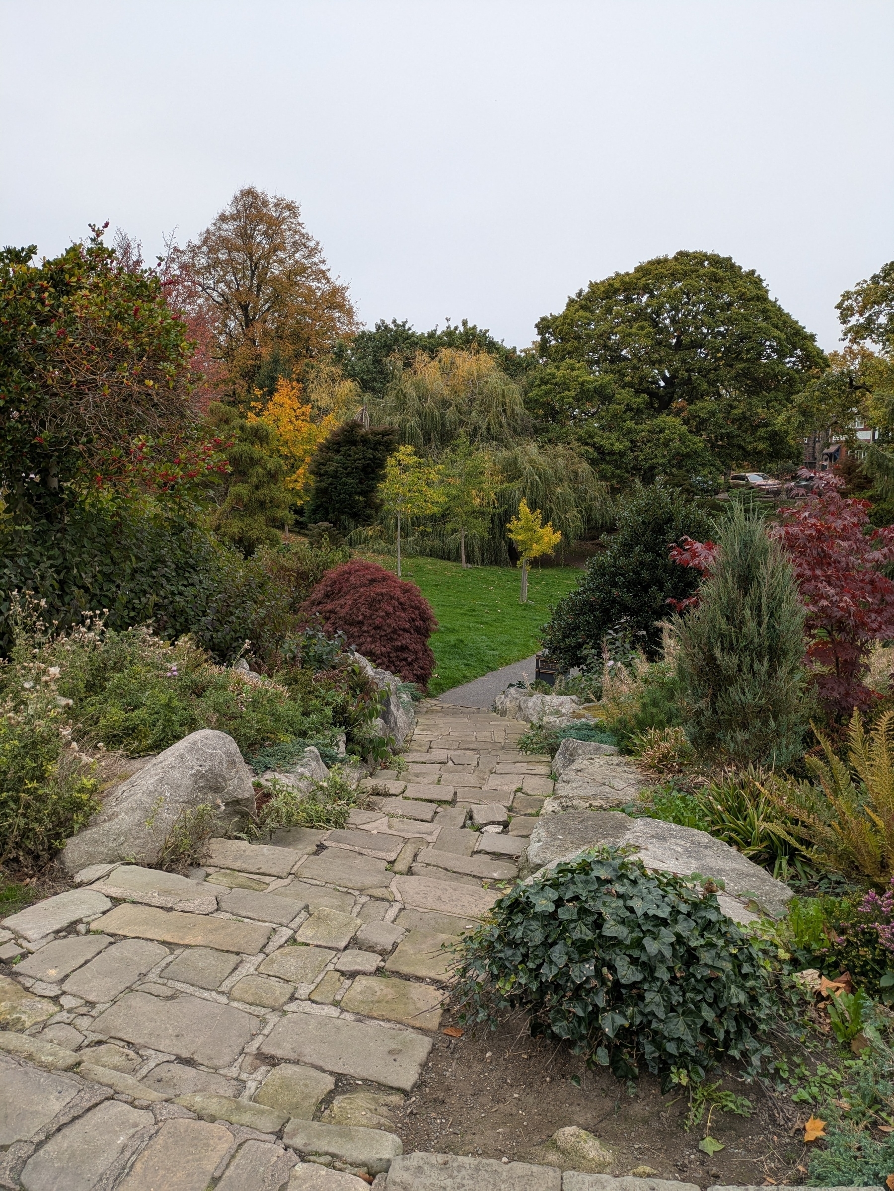 A stone pathway surrounded by colorful foliage leads into a lush garden.