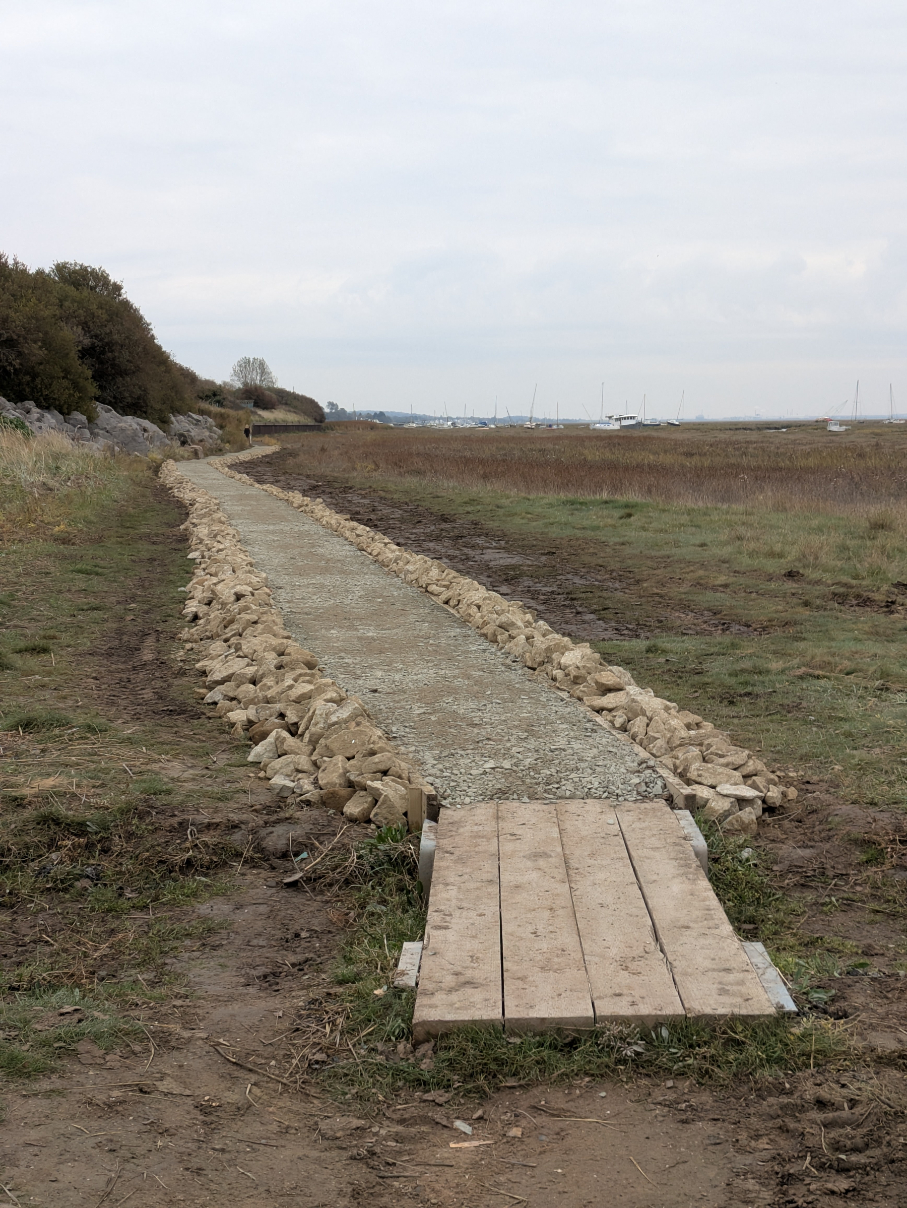 A gravel pathway bordered by stones leads through a grassy foreshore with a wooden plank bridge at the forefront.
