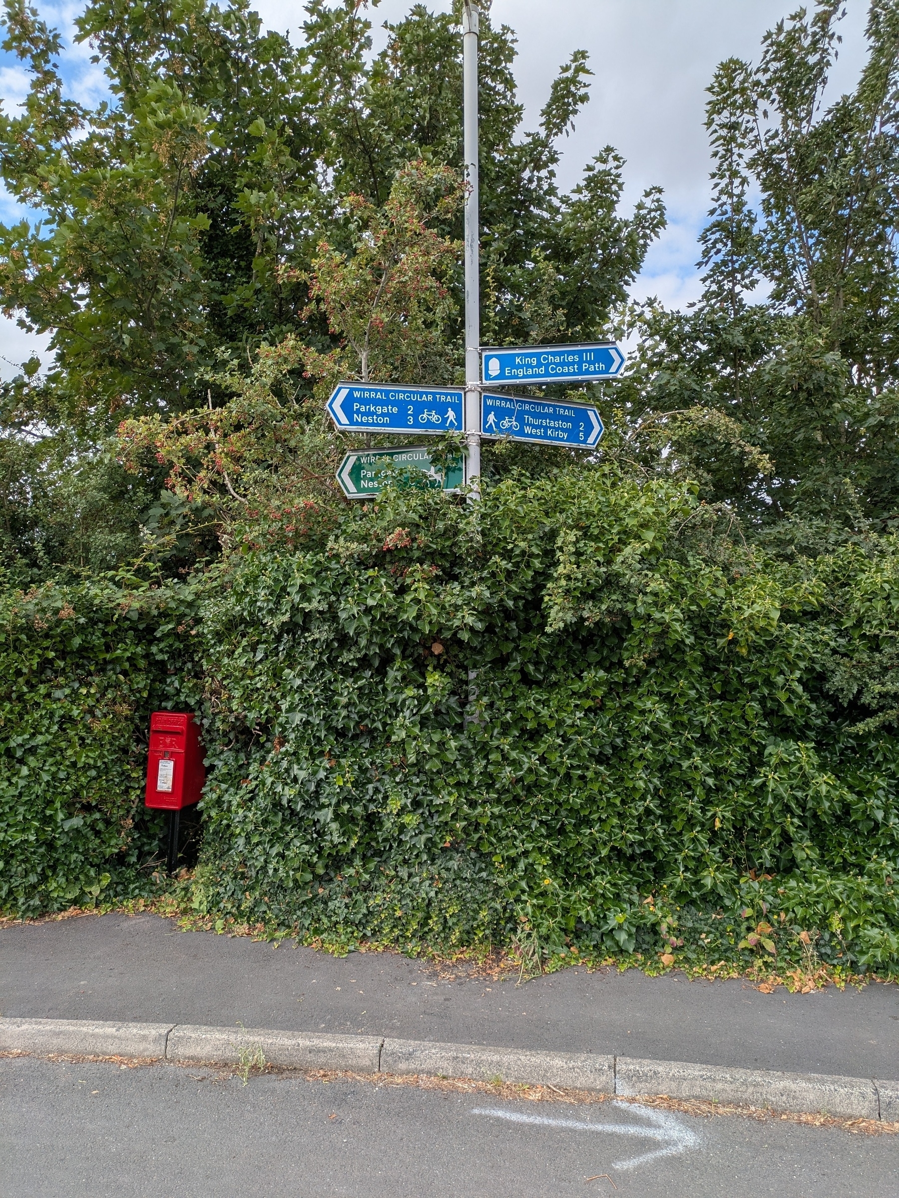 Blue directional signs and a red postbox are surrounded by lush green foliage and trees.