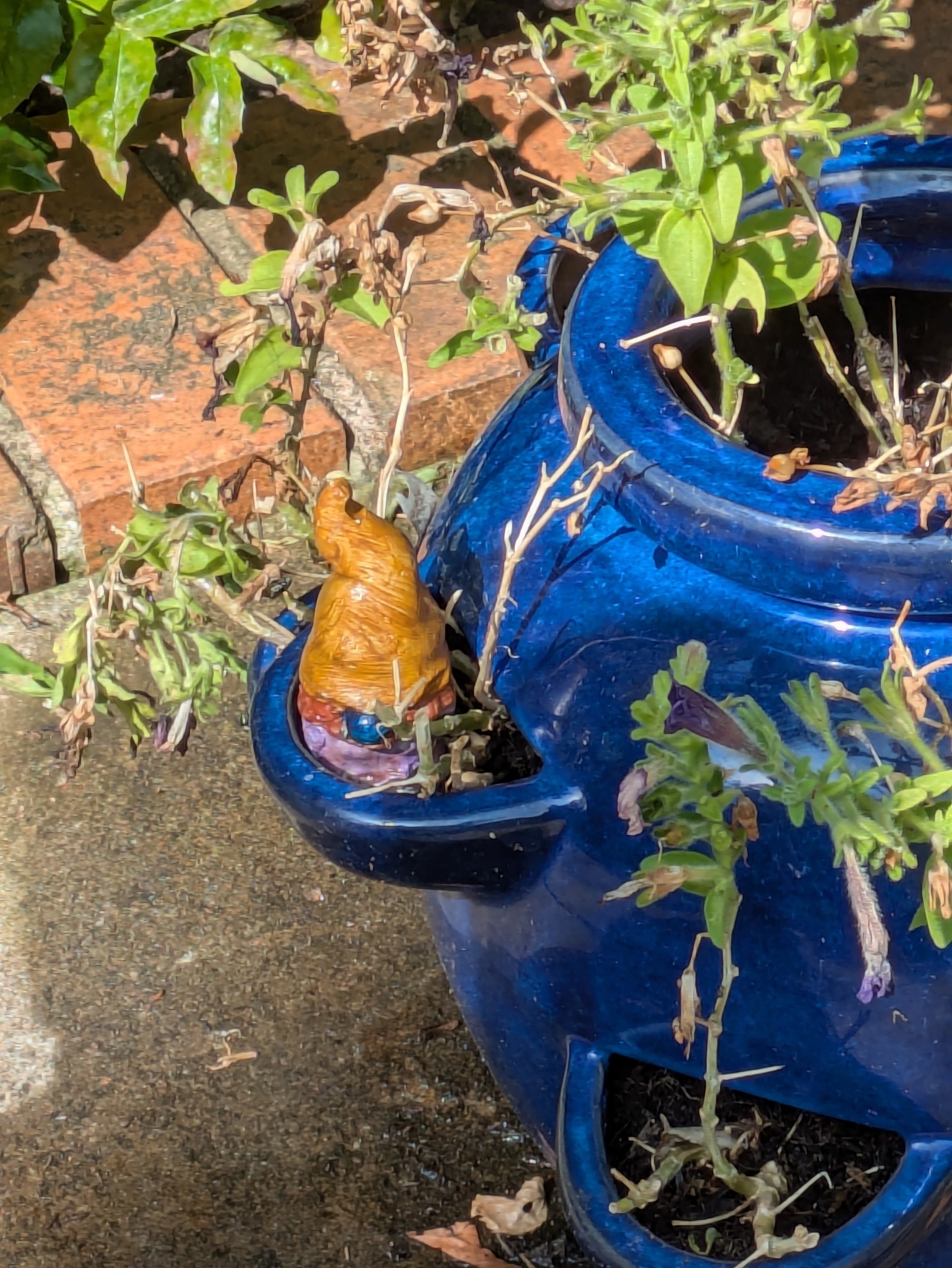 A small gnome figurine is nestled in a blue pot with plants.