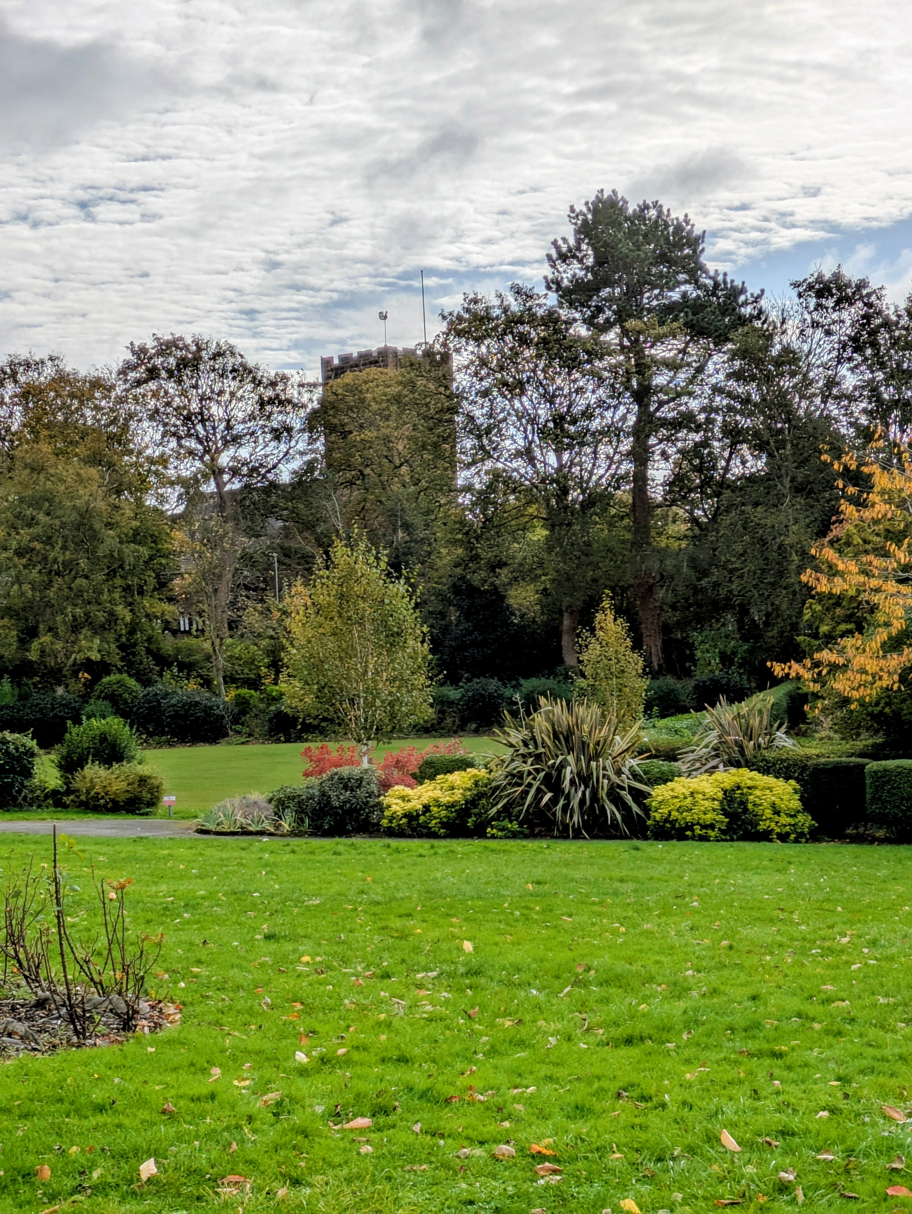 A lush, green park with scattered trees and bushes is set against a cloudy sky and a church tower in the background.