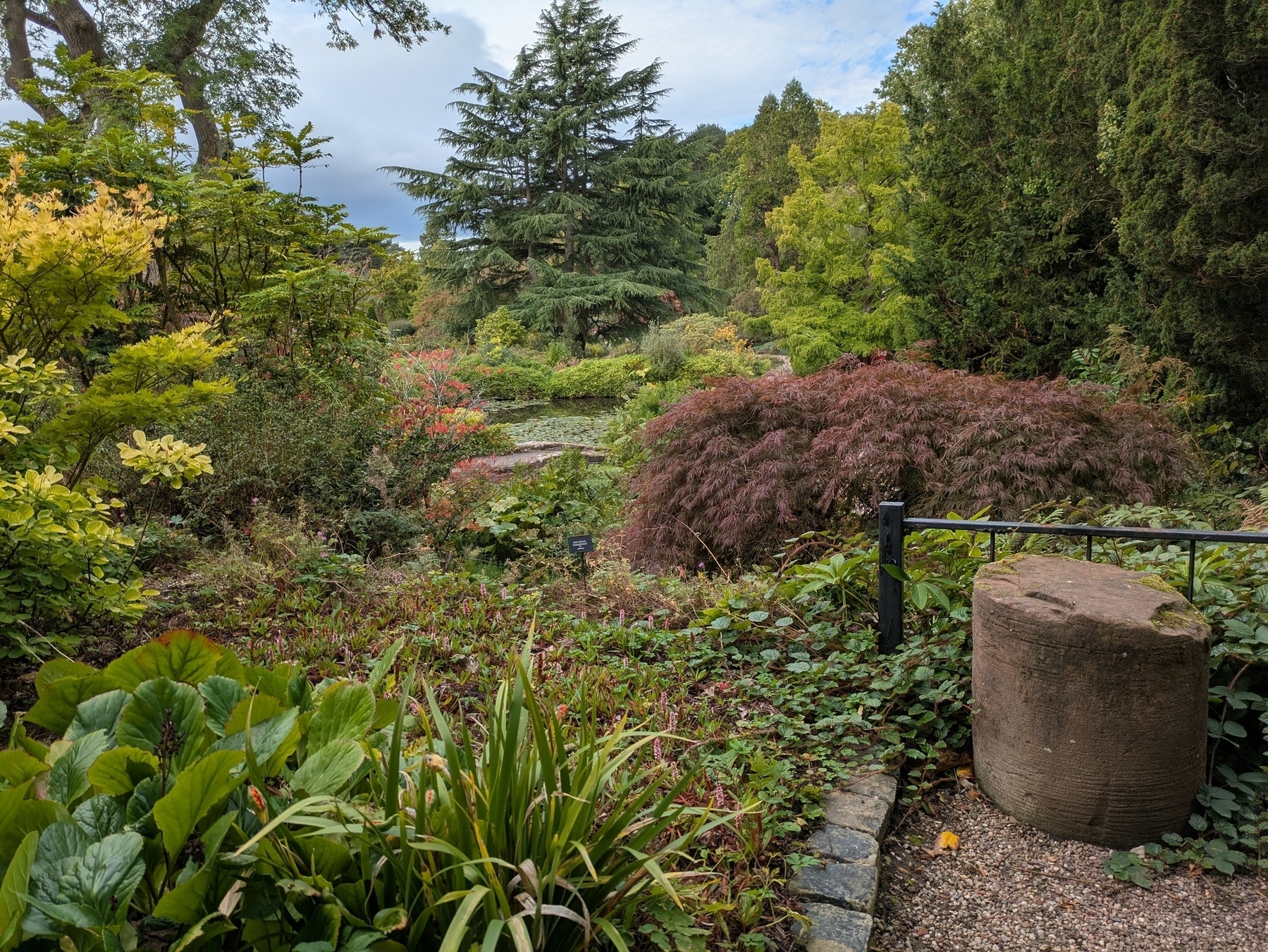 A lush, vibrant garden is filled with diverse plants and trees, featuring a stone column and a small gravel pathway.