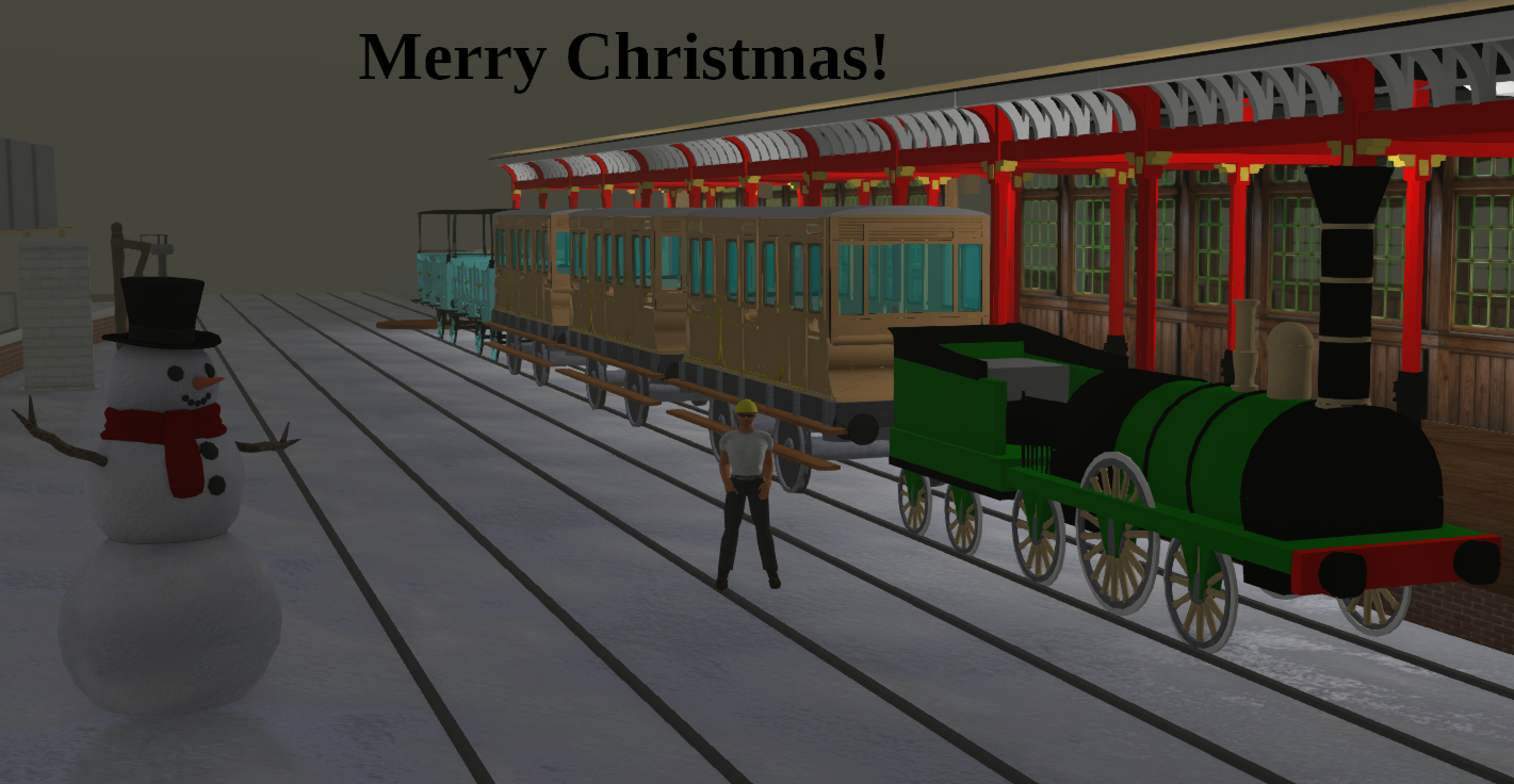 A festive scene features a snowman and a person standing near a vintage train at a decorated station with a Merry Christmas! greeting above.