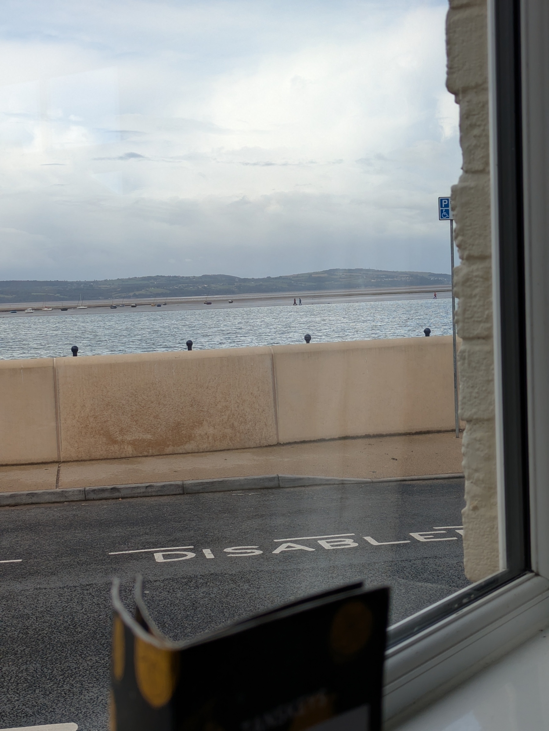 A view of a waterfront with a "DISABLED" parking space seen through a window.
