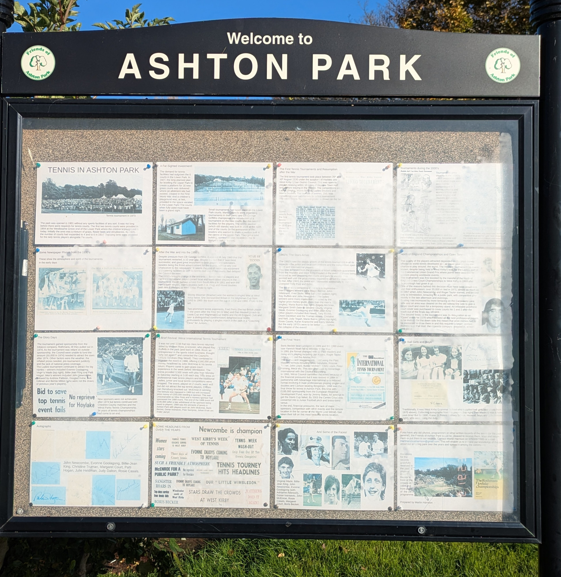 A bulletin board at Ashton Park showcases a collection of historical articles and photographs related to tennis.