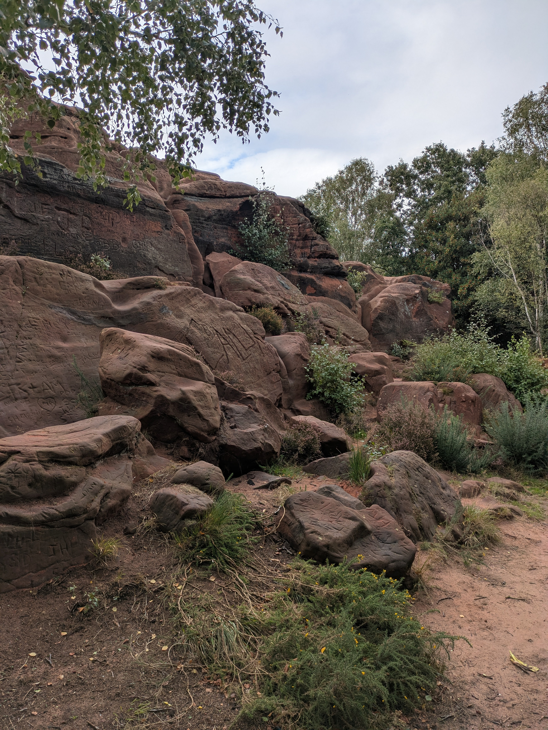 Large reddish rocks with some carved markings are surrounded by green bushes and trees under a cloudy sky.