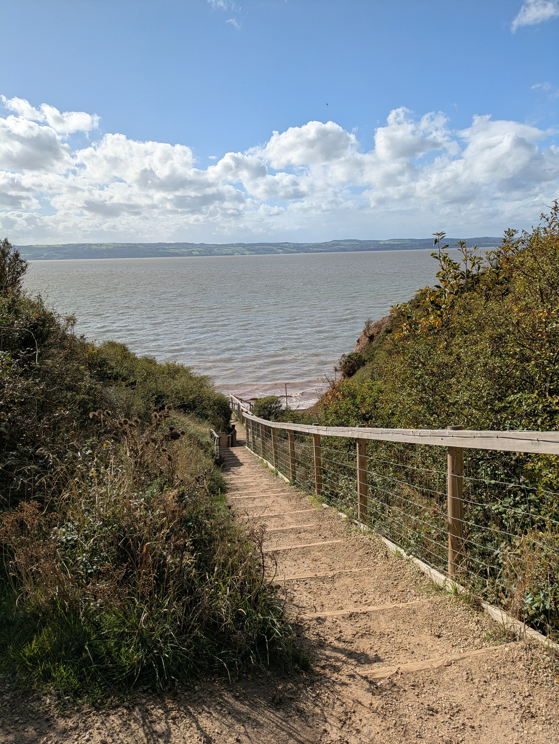 A set of wooden stairs leads down through greenery toward a calm body of water under a partly cloudy sky.