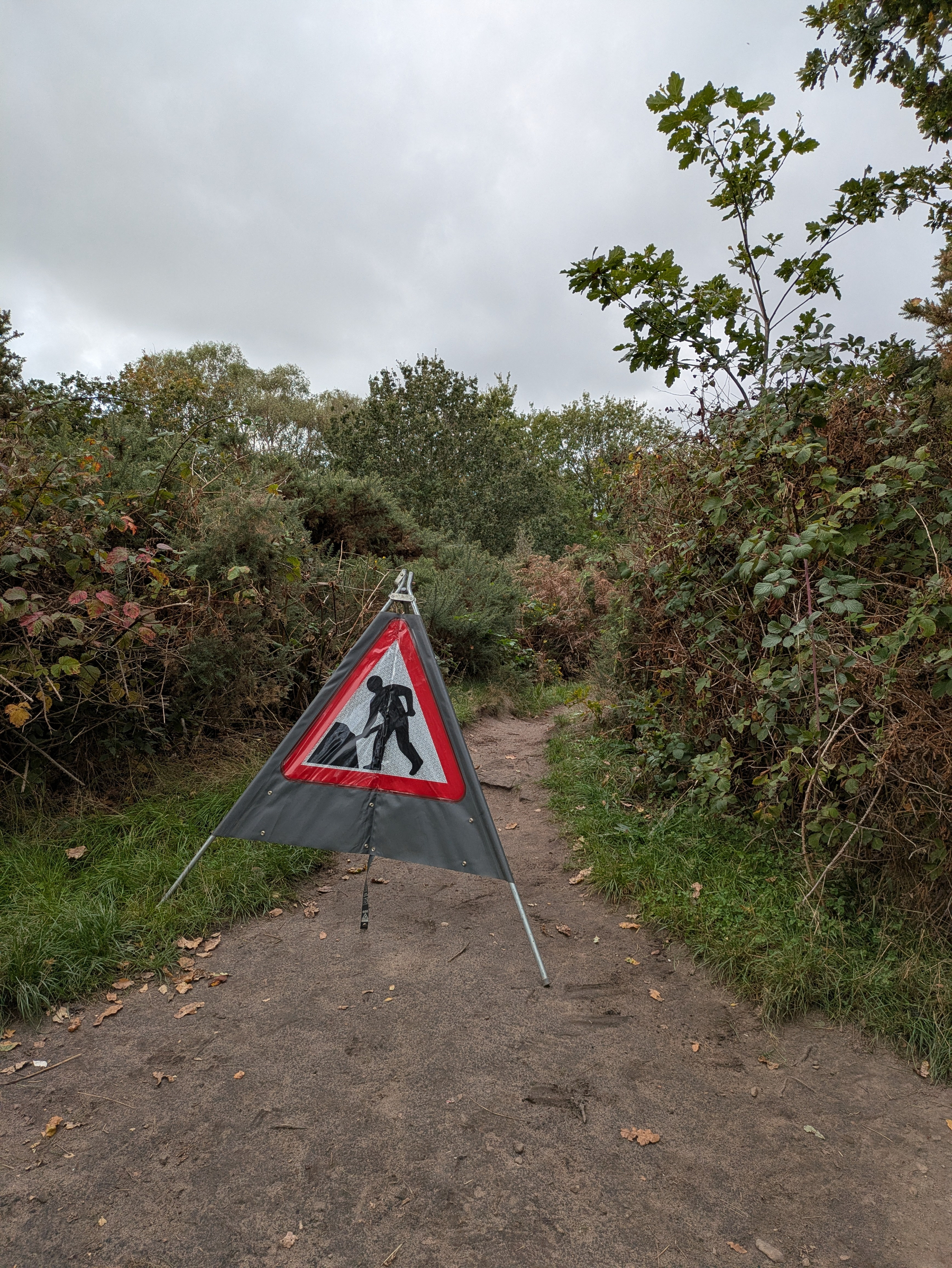 A triangular construction warning sign is placed on a dirt path surrounded by dense green foliage under a cloudy sky.