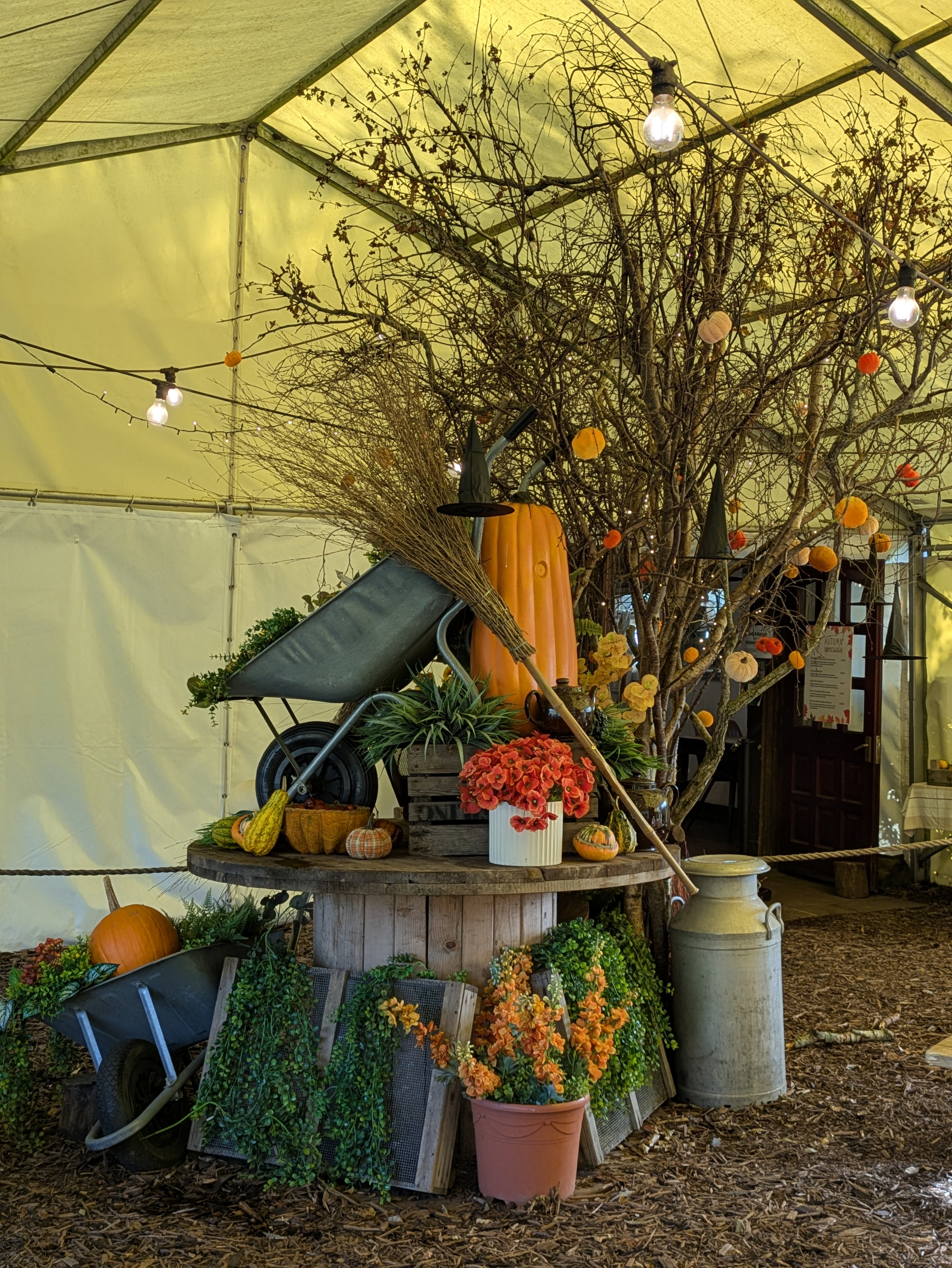 A rustic autumn display features pumpkins, flowers, greenery, wheelbarrows, a broom, and a tree decorated with small orange and white ornaments under a tent.