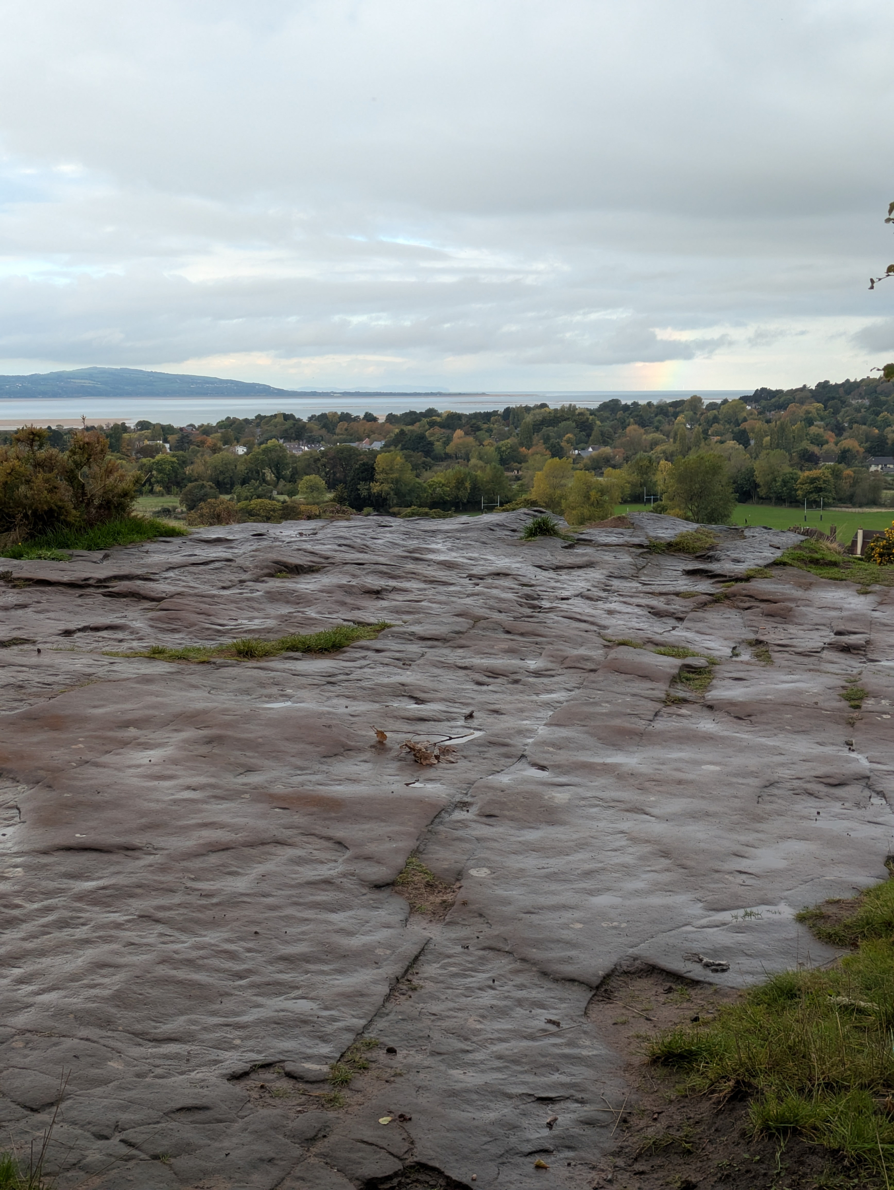 A rocky plateau overlooks a green landscape with trees and a body of water in the distance under a cloudy sky.