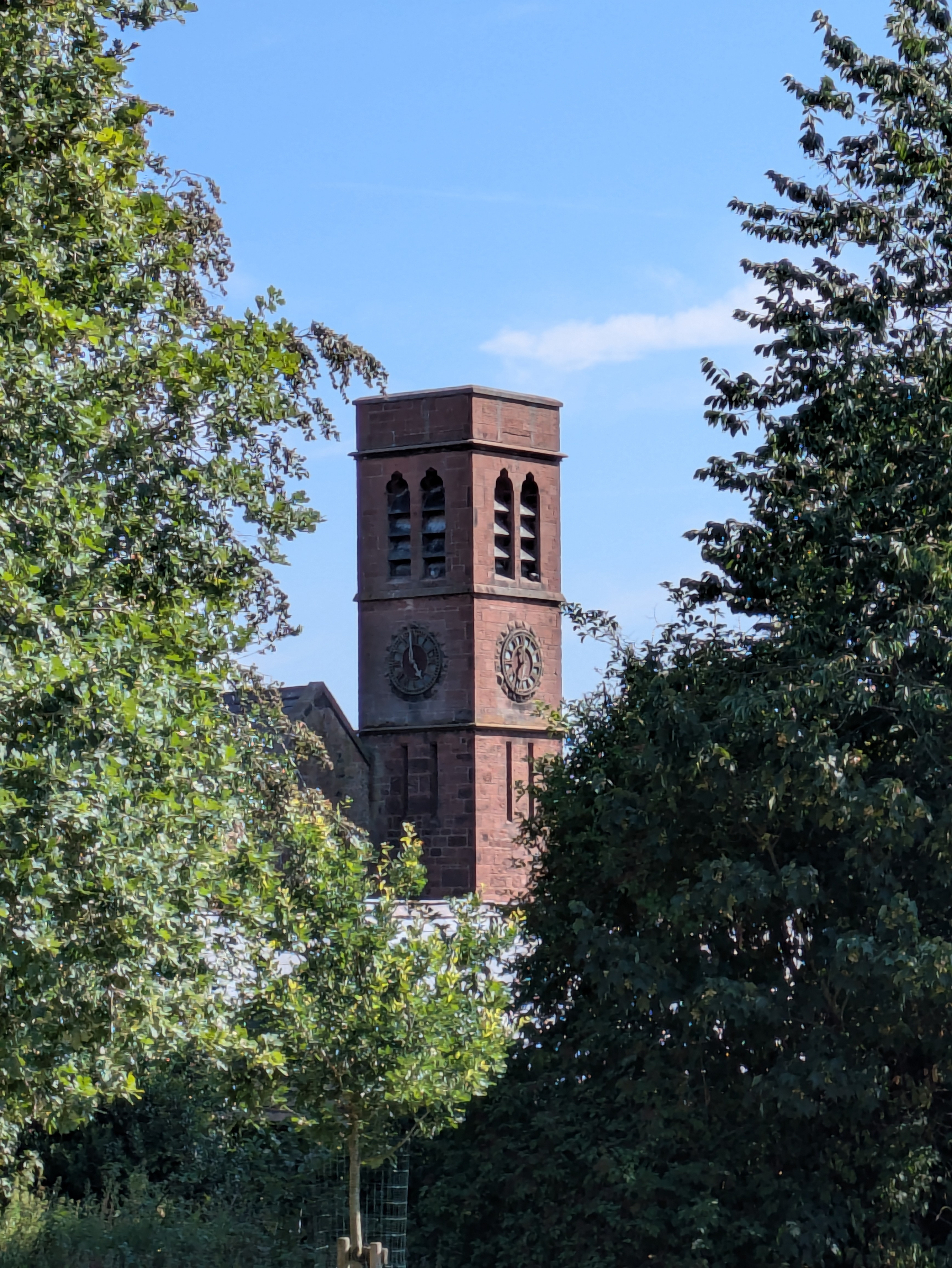 A brick clock tower with bells is partially visible through a gap in the surrounding green trees under a clear blue sky.