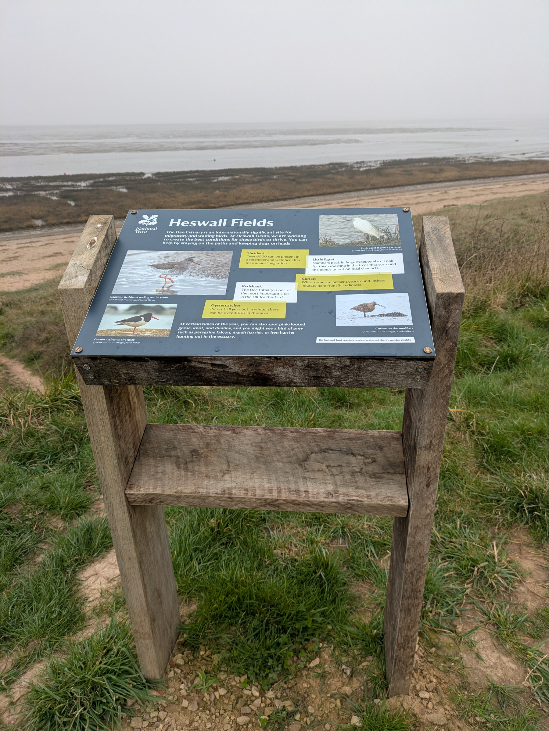 A wooden signpost titled Heswall Fields provides information about local wildlife, situated near a grassy area overlooking a beach and the sea.