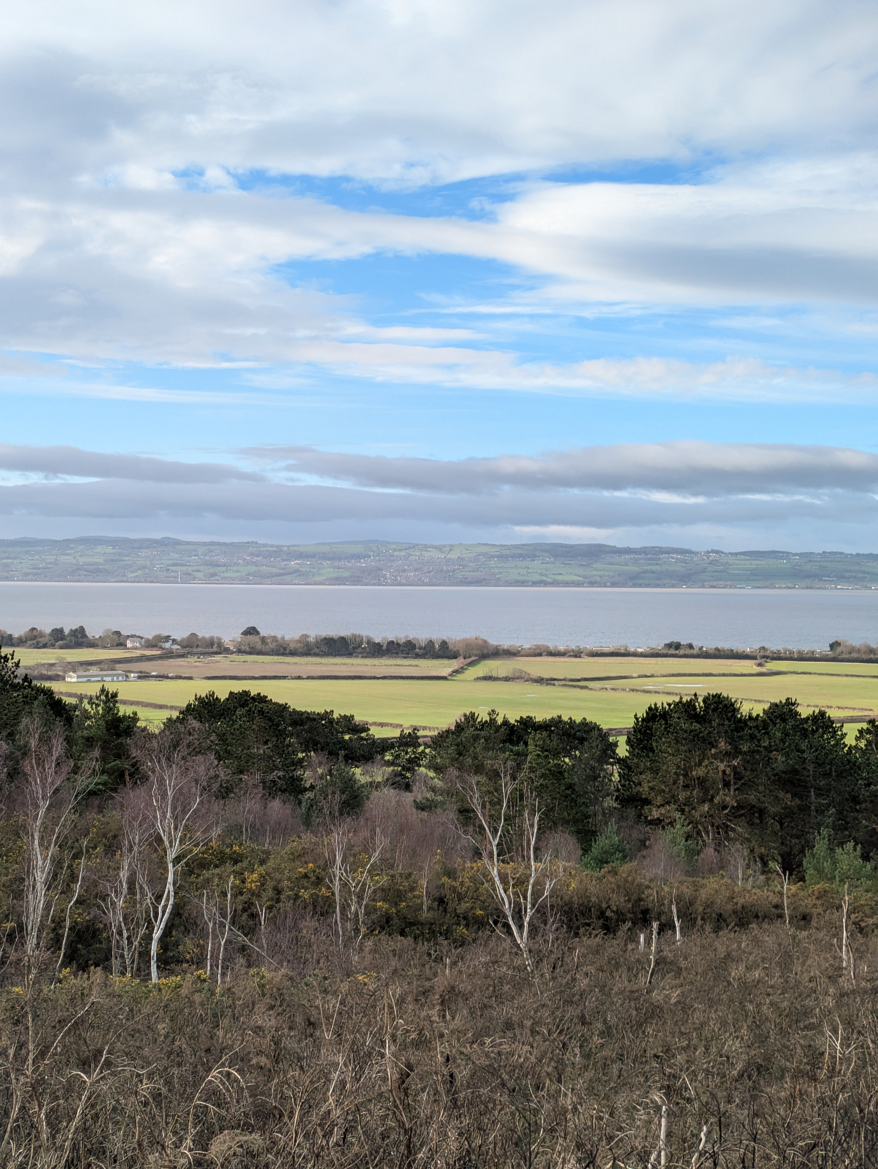A scenic landscape features grassy fields, a line of trees, and a body of water with distant hills under a partly cloudy sky.