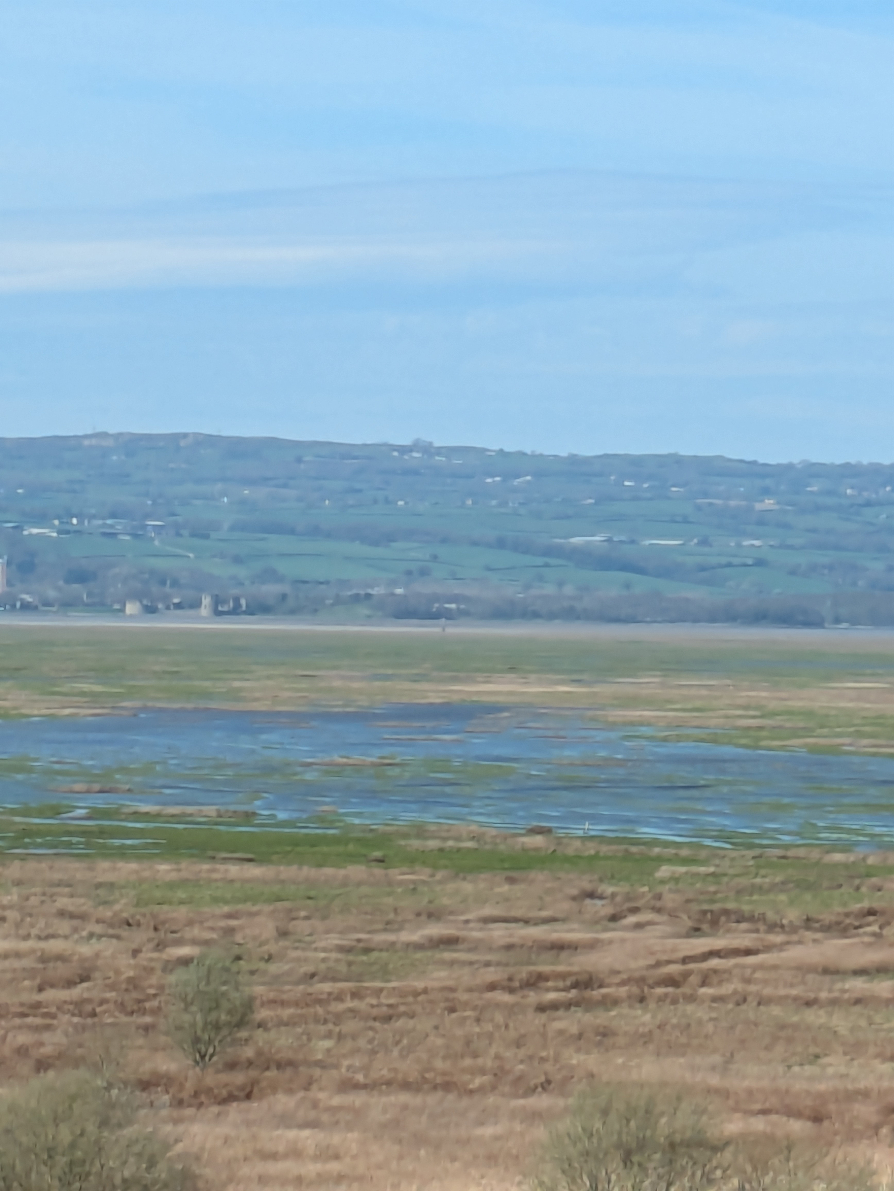 A landscape features expansive fields with patches of water, set against a backdrop of distant hills and a blue sky.