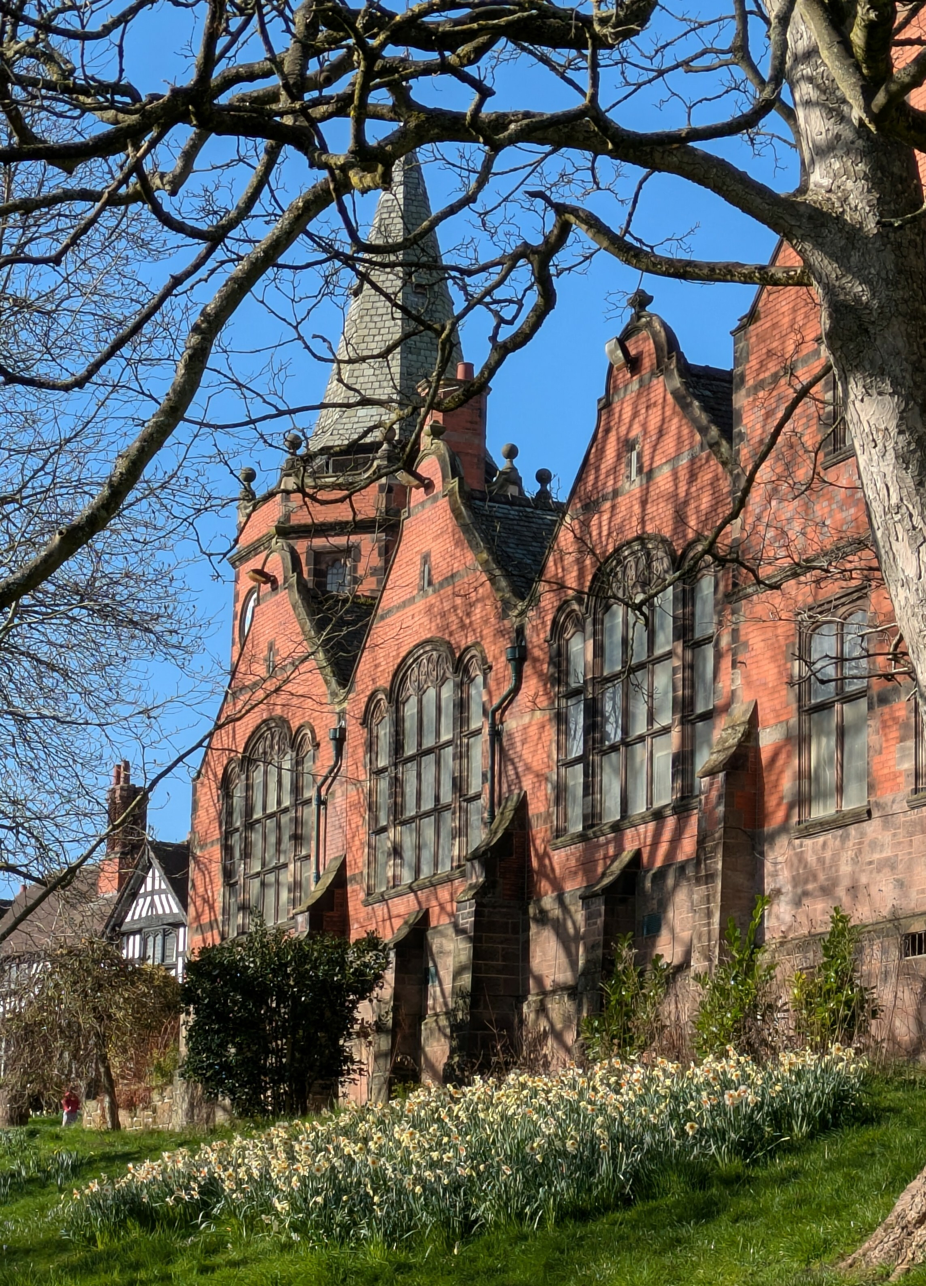 A picturesque scene featuring a historic brick building with tall, arched windows, surrounded by a lush lawn and daffodils, framed by bare tree branches.