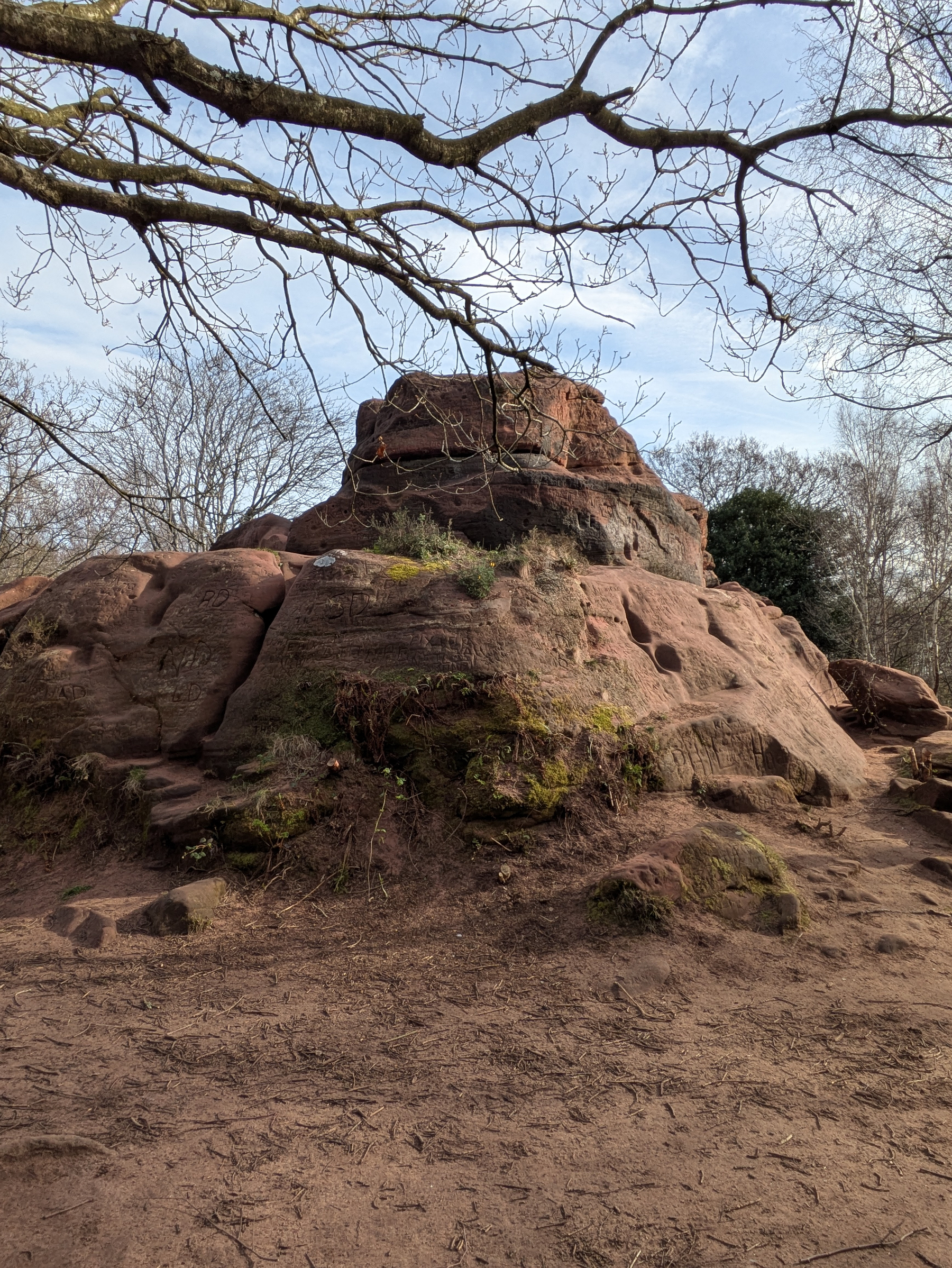 A large, weathered rock formation is surrounded by bare trees and under a partly cloudy sky.