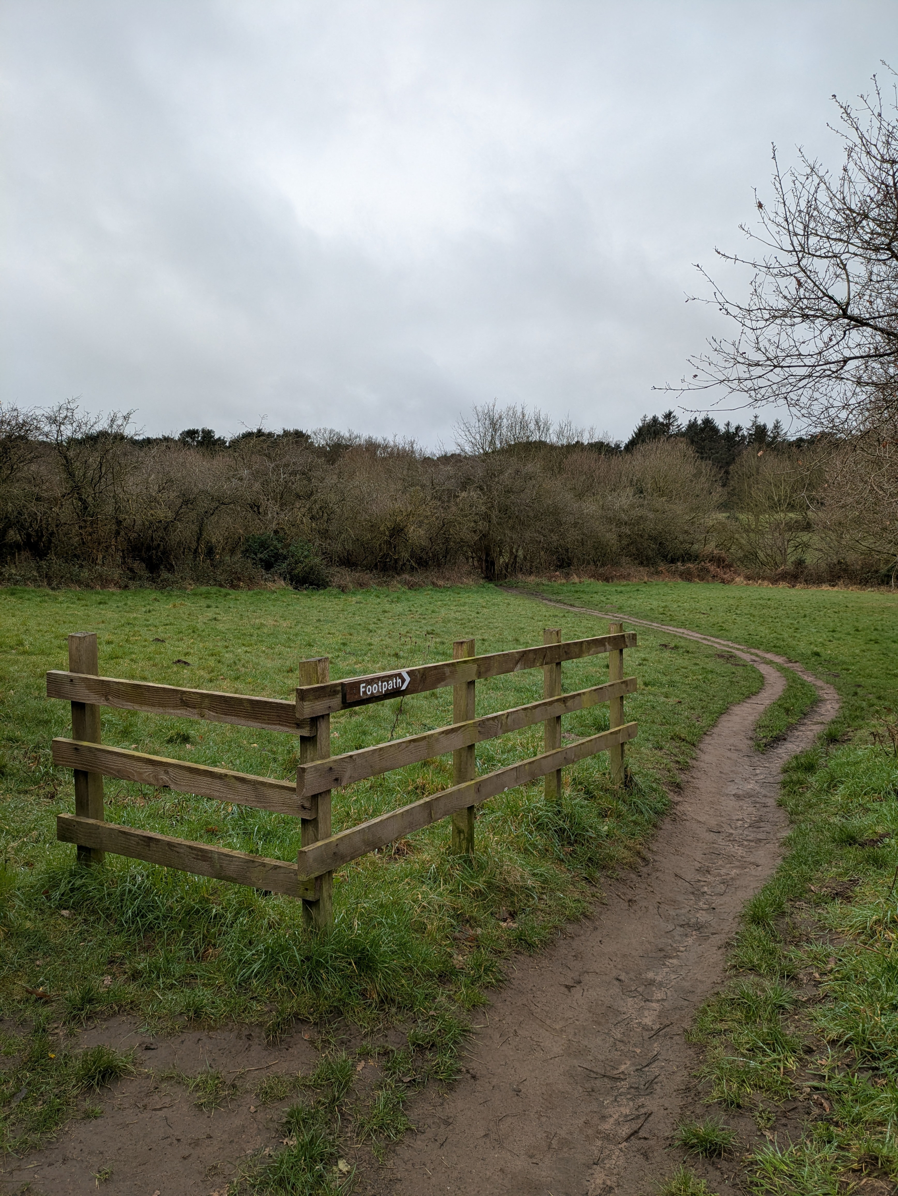 A muddy path winds through a grassy field with a wooden fence and a sign indicating a footpath, set against a backdrop of trees and a cloudy sky.