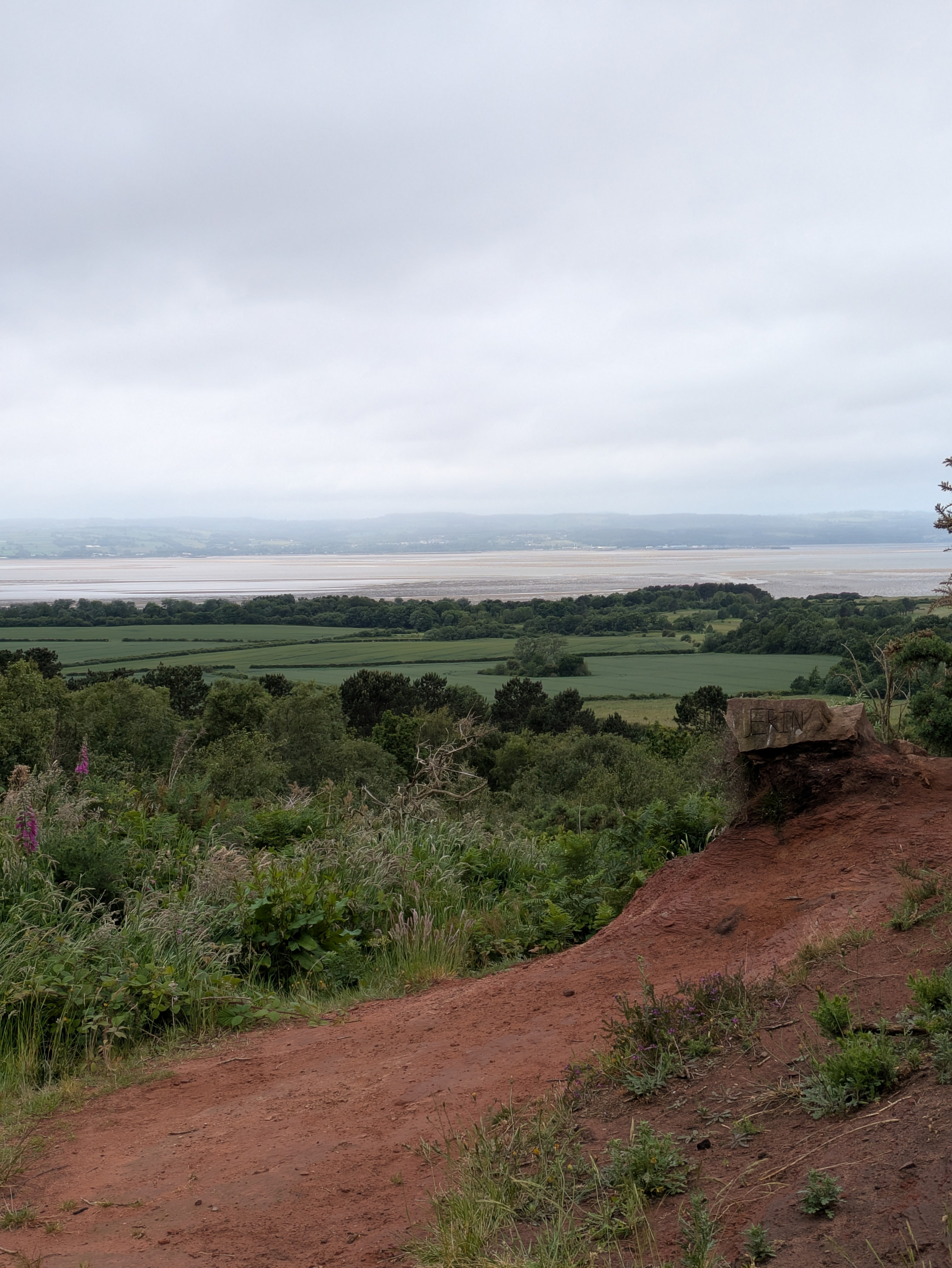 A scenic view features a dirt path in the foreground, lush green fields, and a distant body of water under a cloudy sky.