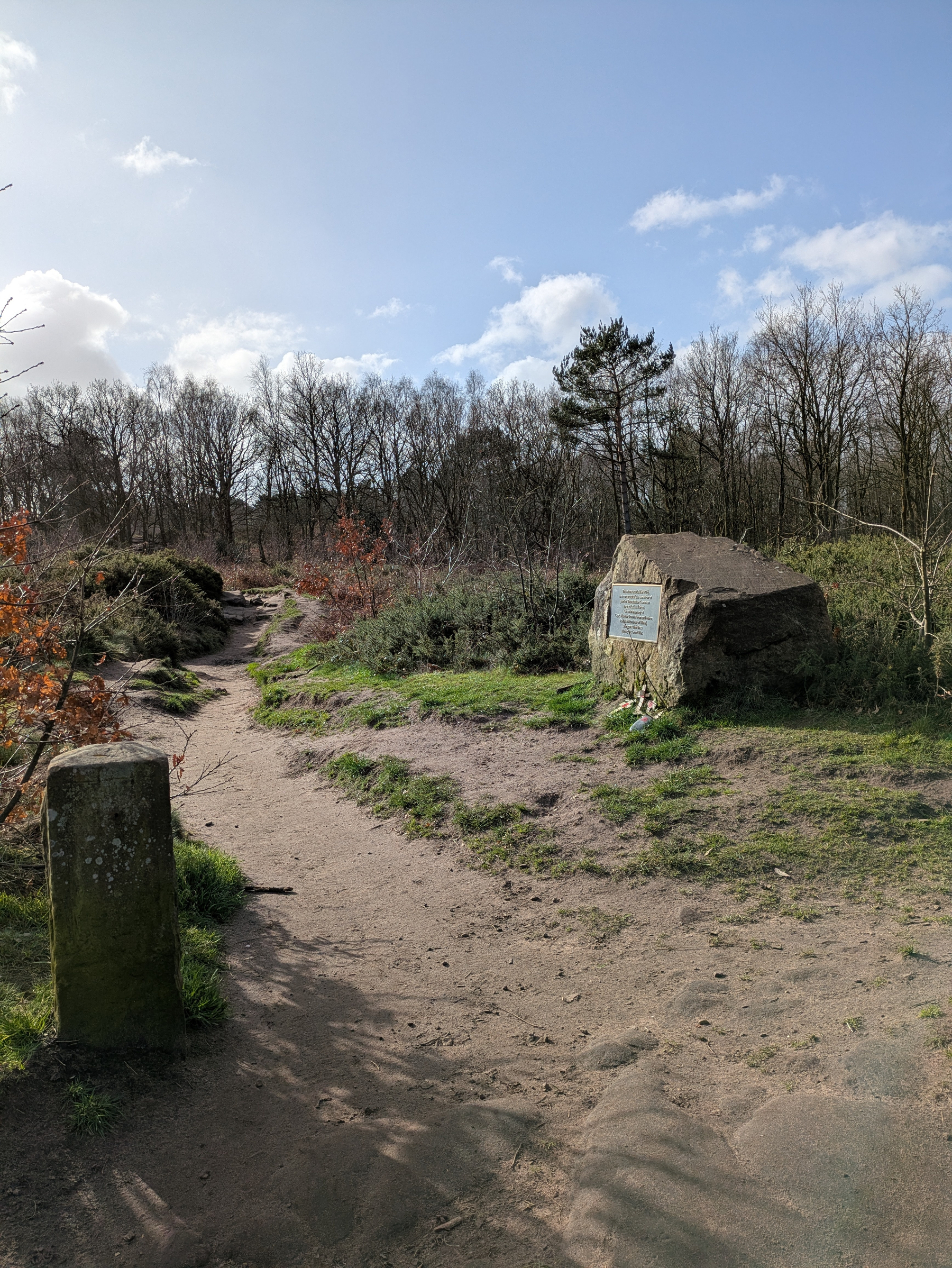 Auto-generated description: A dirt path leads through a clearing with a large rock and a sign, surrounded by trees under a cloudy sky.
