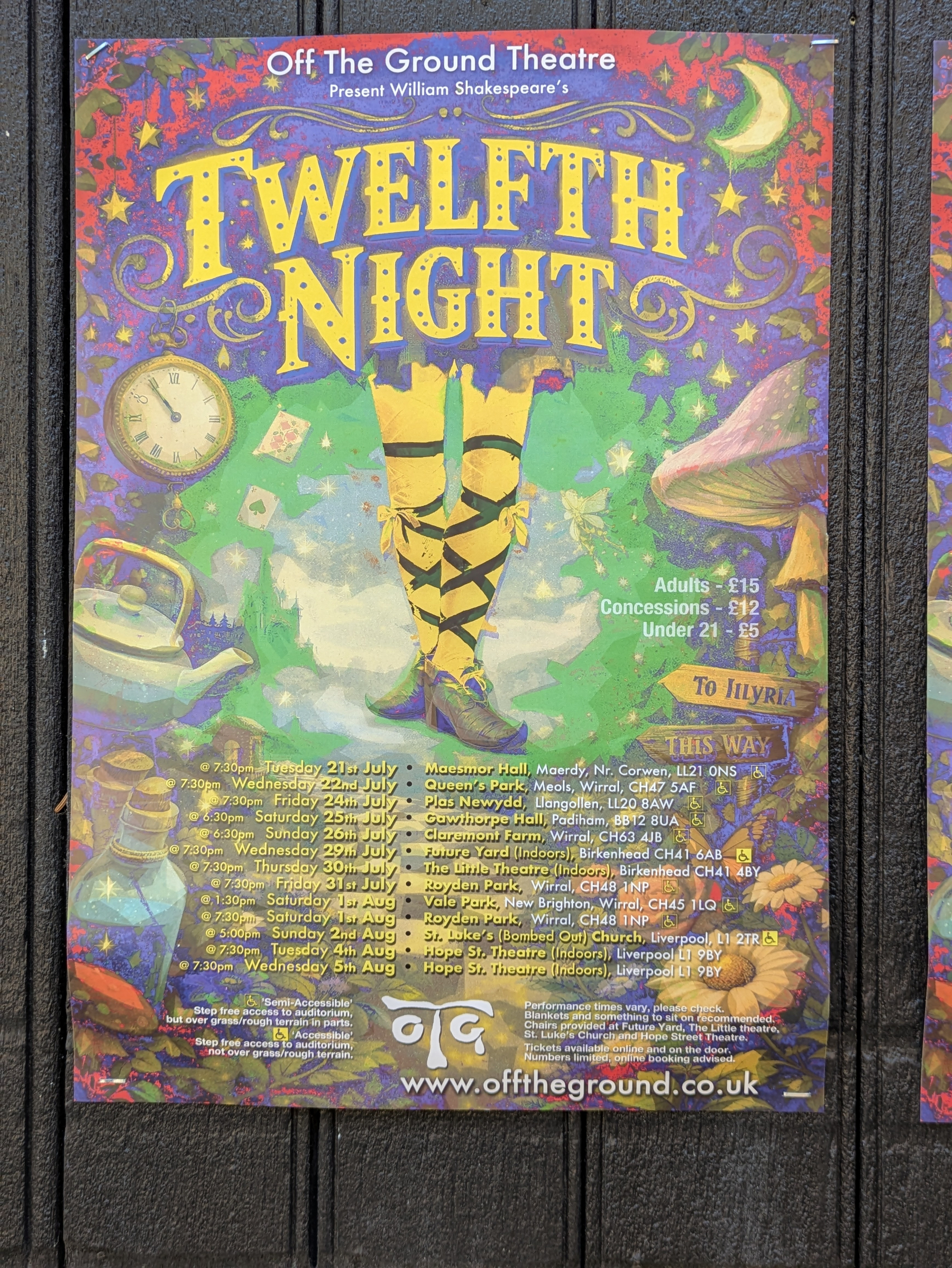 A colorful poster advertises Off The Ground Theatre's production of William Shakespeare's Twelfth Night, featuring whimsical illustrations, show dates, venues, ticket prices.