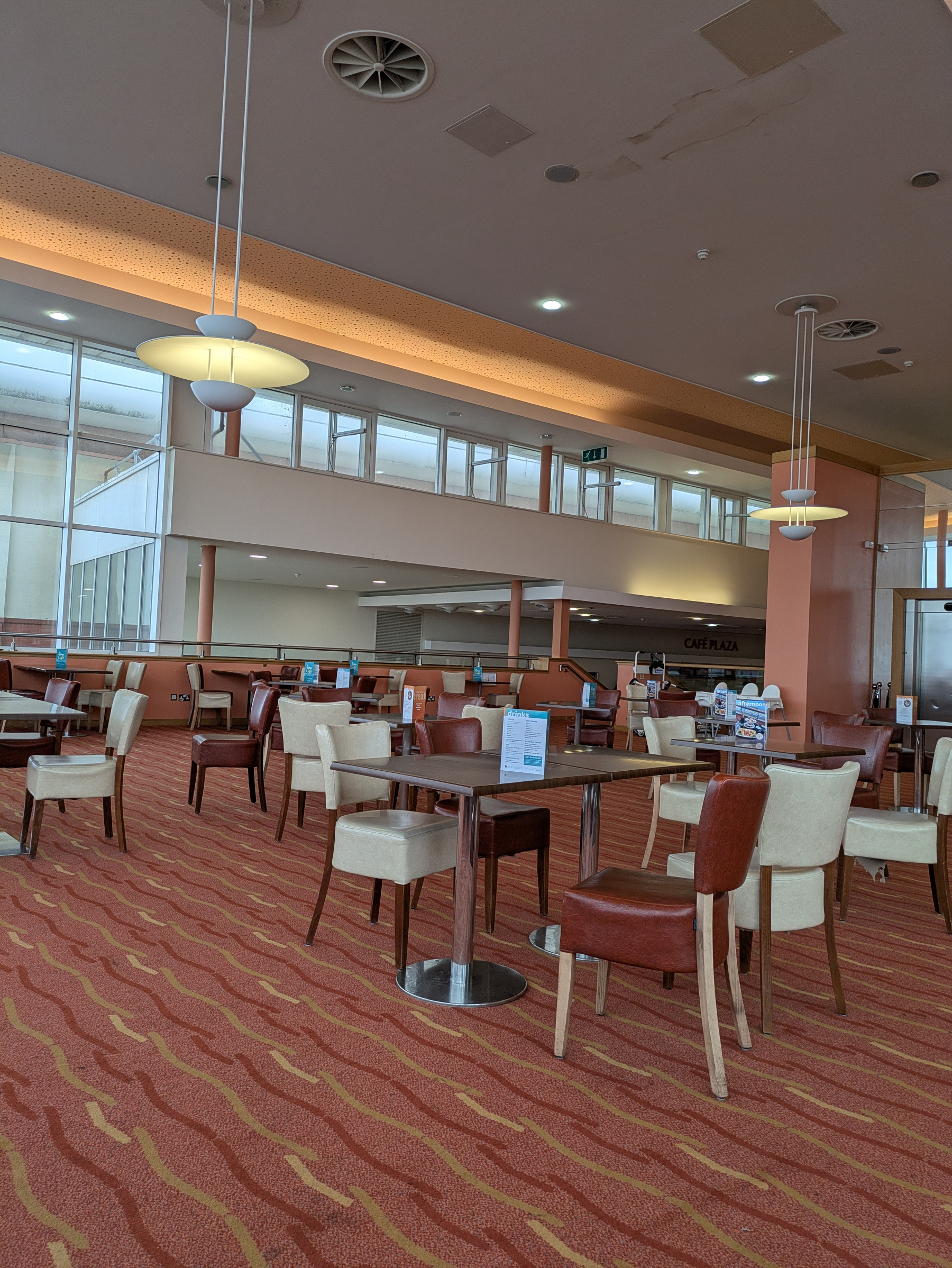 A spacious, retro-style cafΓ© features patterned carpet, mid-century modern furniture, and pendant lighting with a view of a partially enclosed mezzanine.