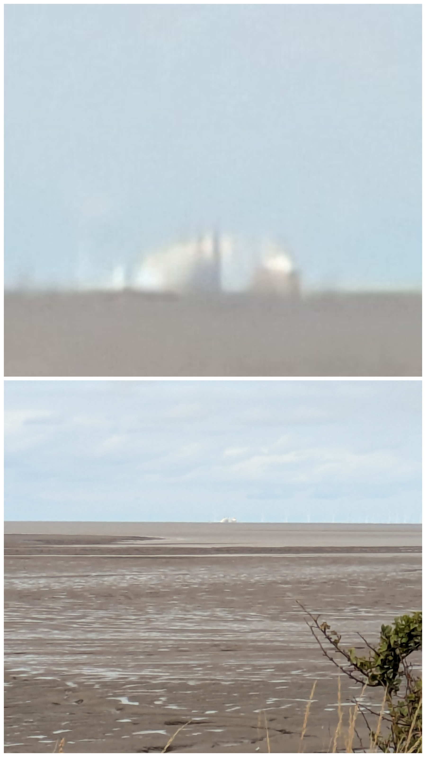 Support vessel spraying large cloud of water over or between wind turbines. 