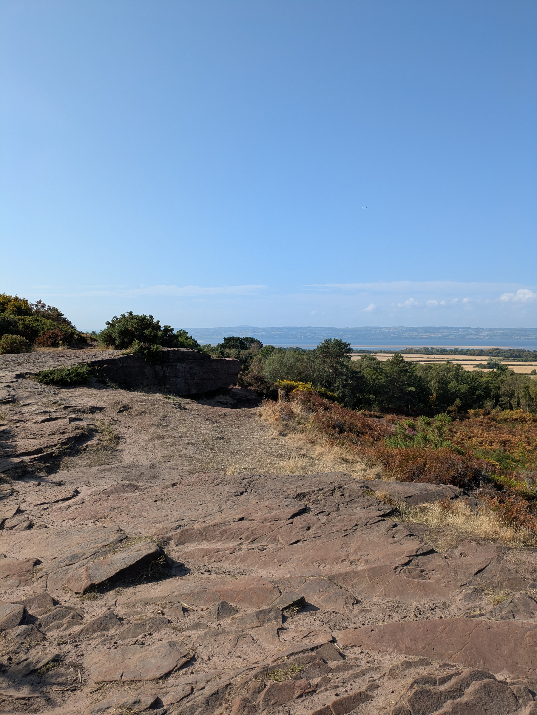 A rocky cliff edge overlooks a landscape of trees, fields, and distant hills under a clear blue sky.