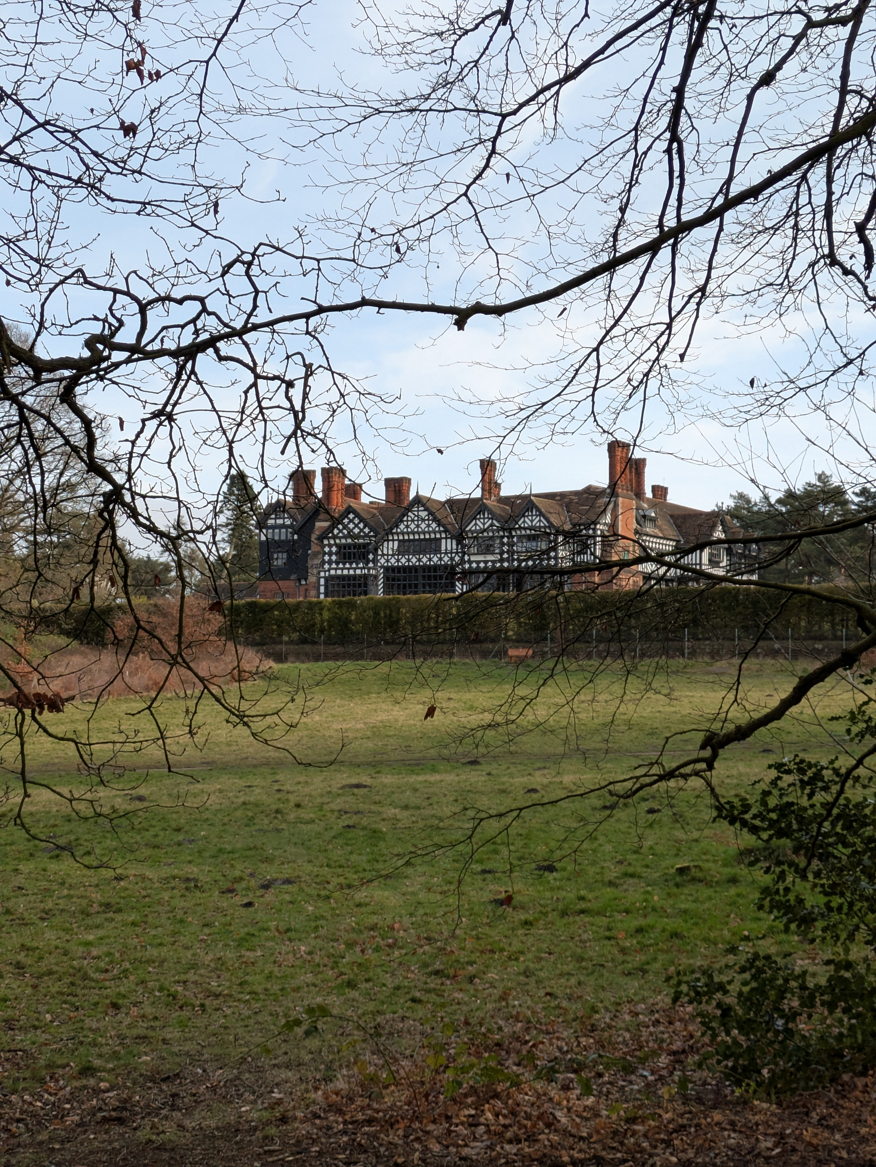 A large, traditional Tudor-style house is visible through leafless tree branches, situated in a grassy area.