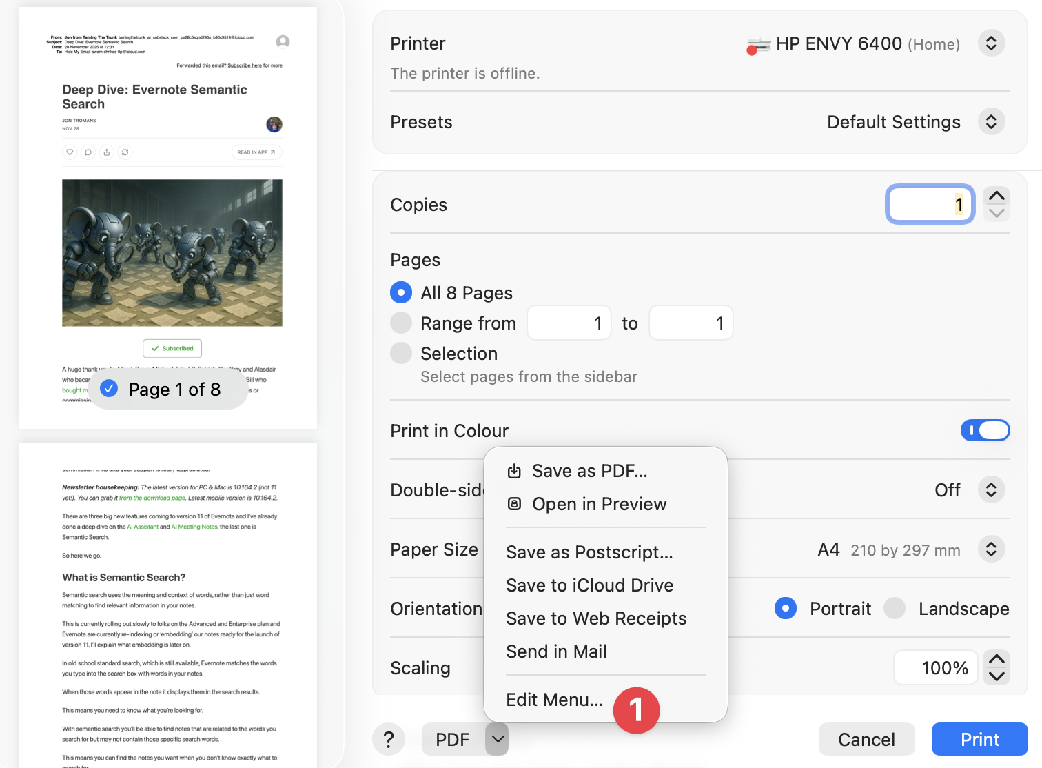 macos Print dialog showing the Edit Menu option on the PDF dropdown
