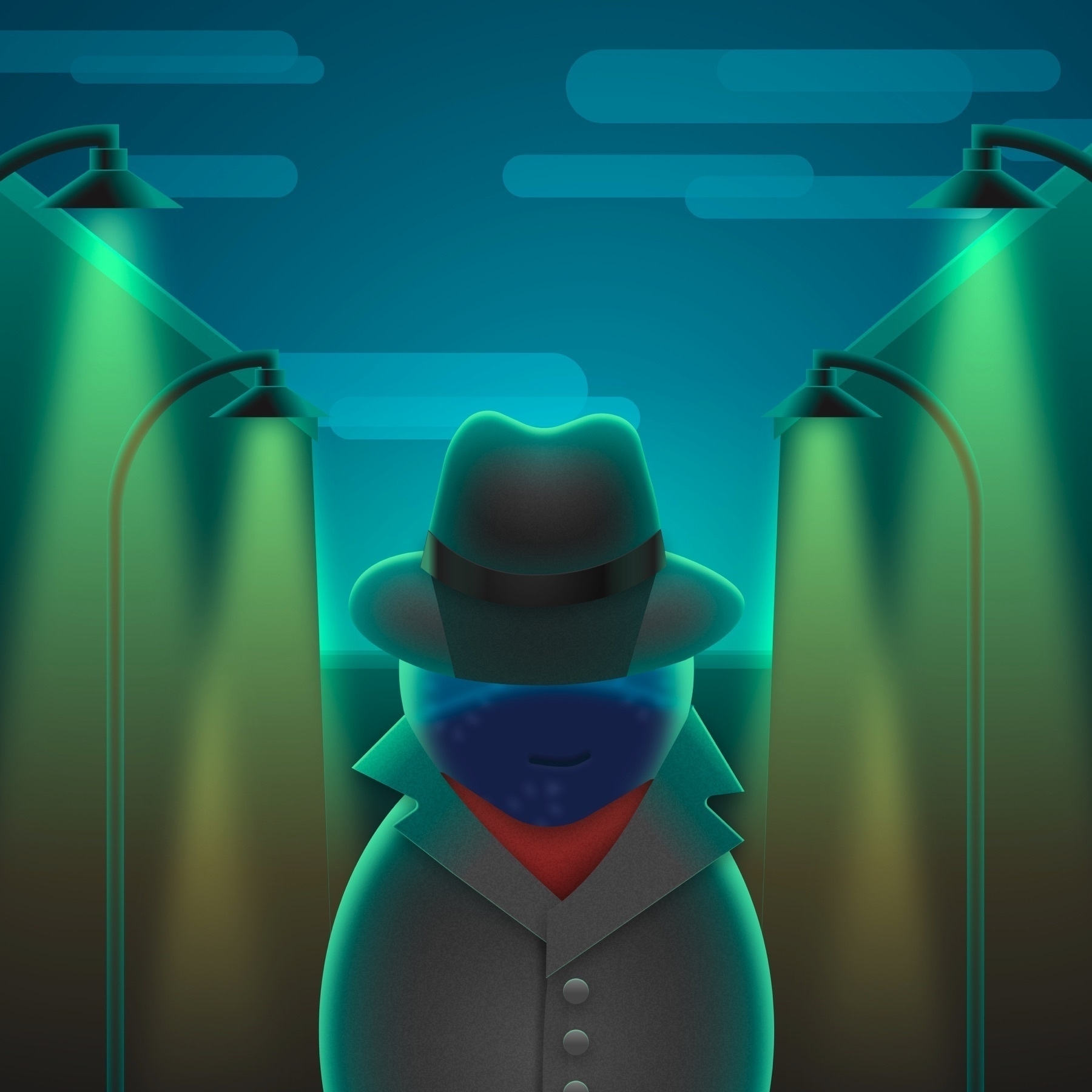 A cartoon spy in a foggy night