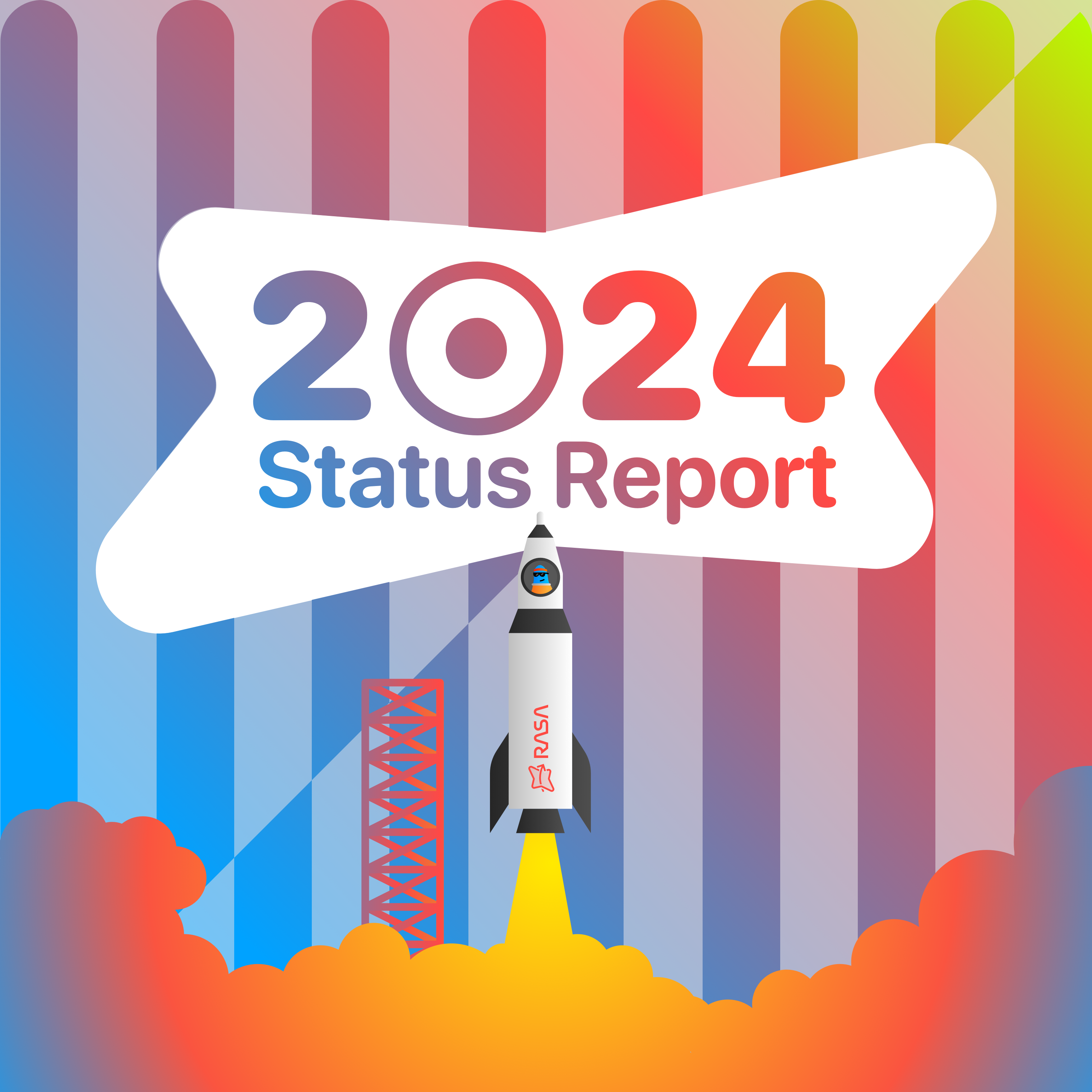 A cartoon rocket launch, with the text “2024 Status Report”