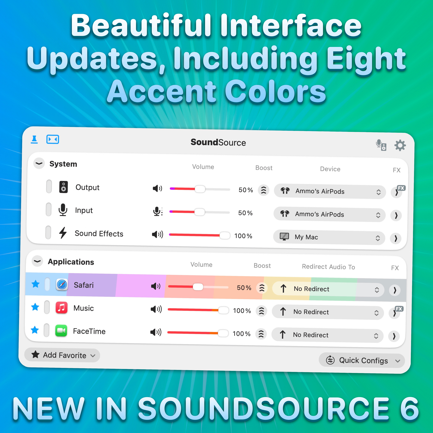 A fun rainbow-themed screenshot of SoundSource 6