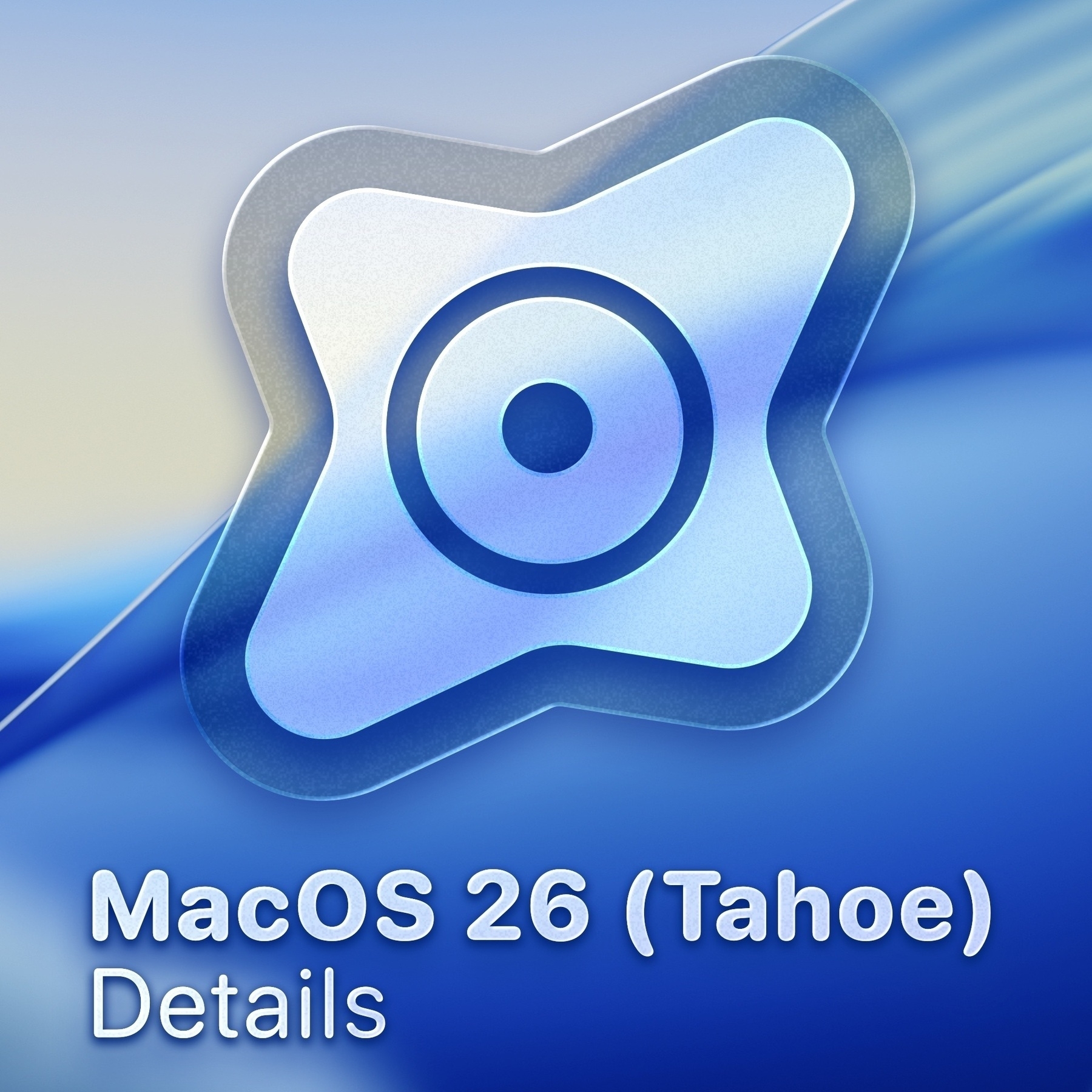 A Liquid Glass style Rogue Amoeba logo, with the text “MacOS 26 (Tahoe) details”