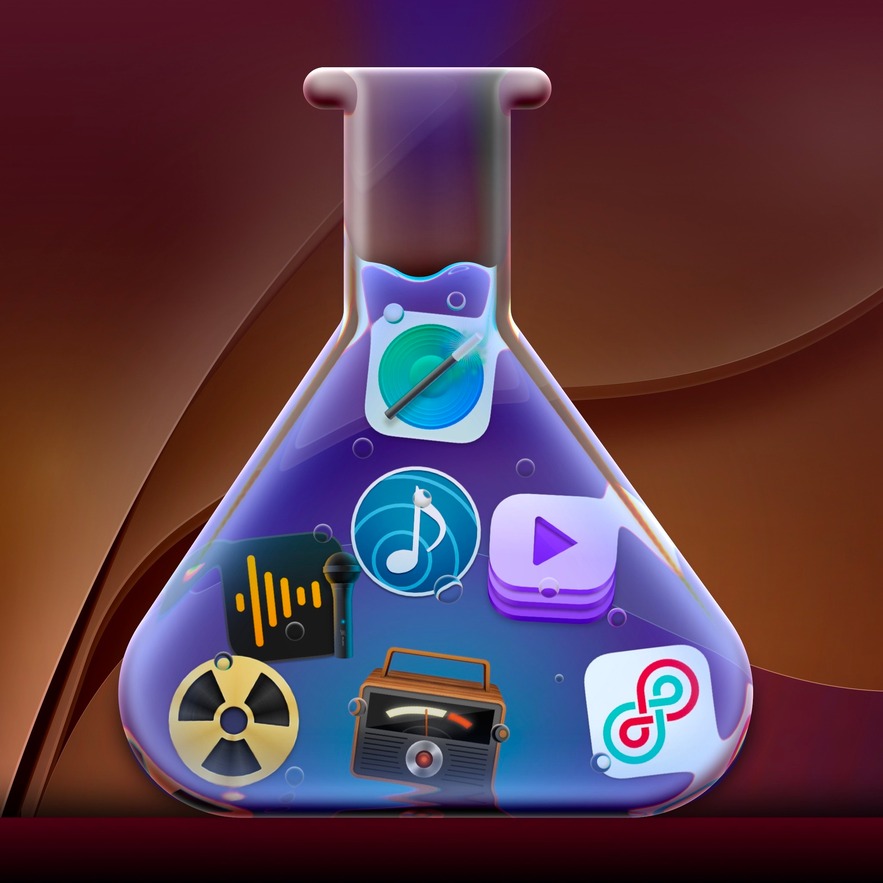 App icons for SoundSource, Airfoil, Farrago, Audio Hijack, Fission, Piezo, and Loopback, in a beaker
