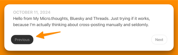 Screenshot of a post from my blog with the Previous and Next buttons. The Previous one is dark because the cursor is hovering over it