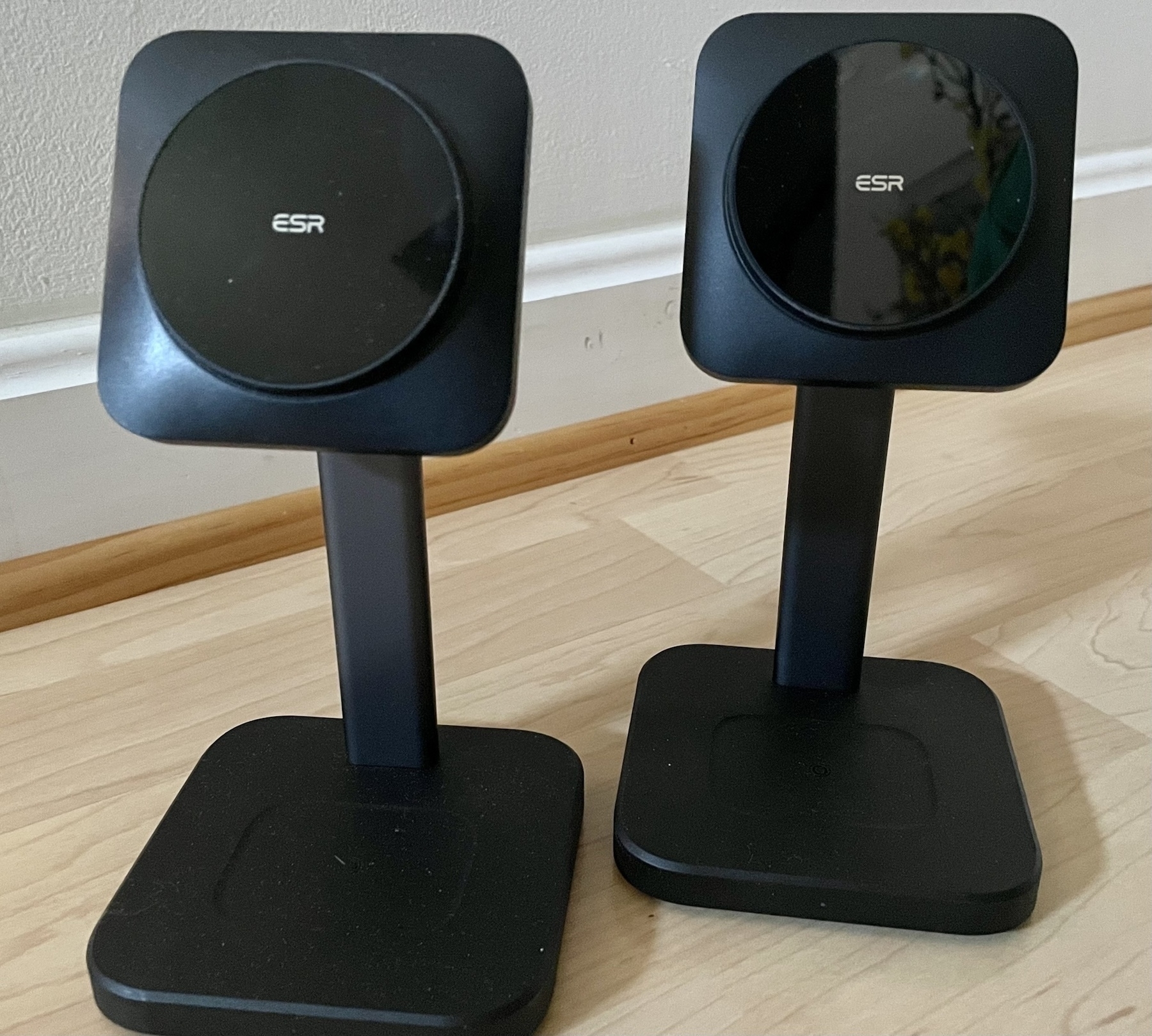 Two ESR Qi2 3-in-1 chargers on the floor