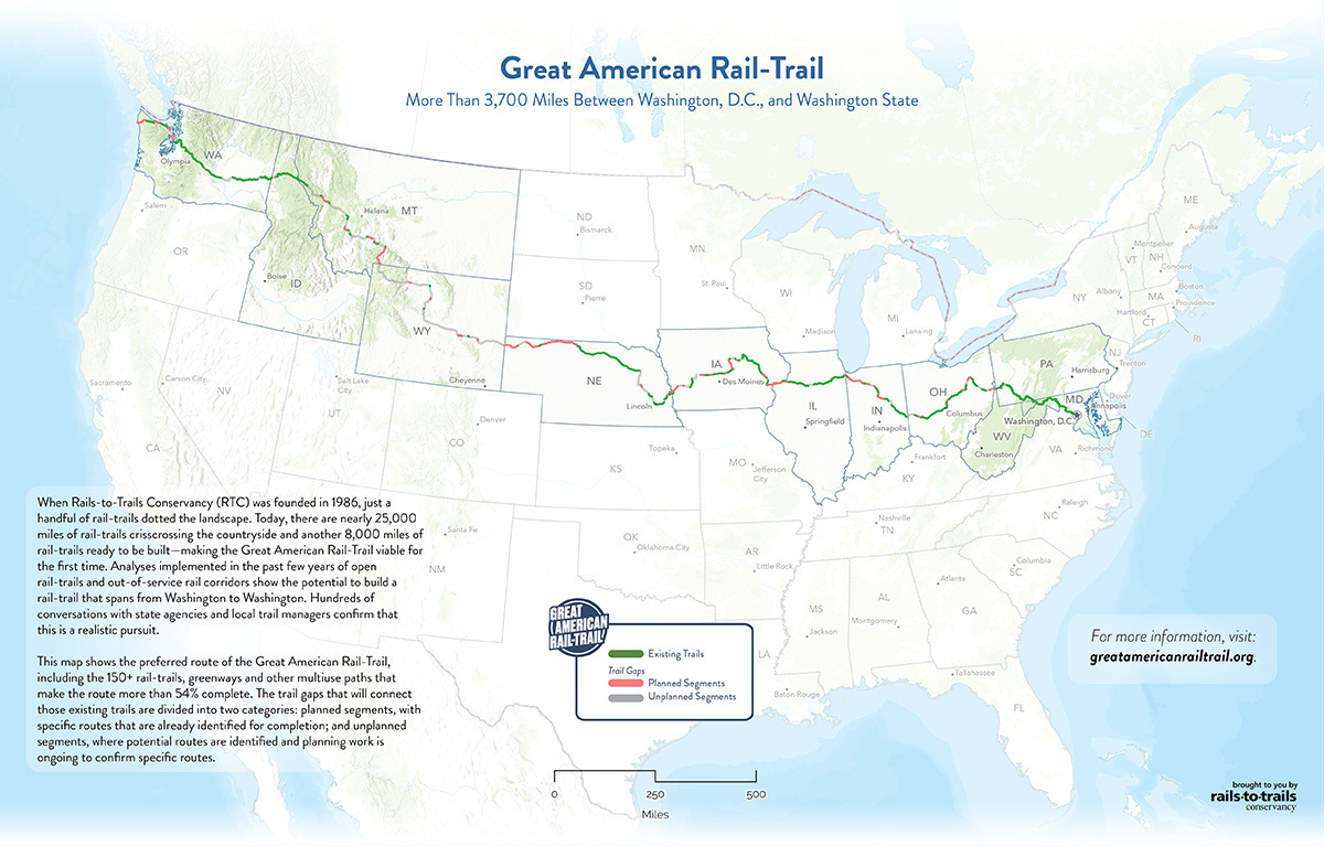 basic map of the United States depicting the proposed path of the Great American Rail-Trail
