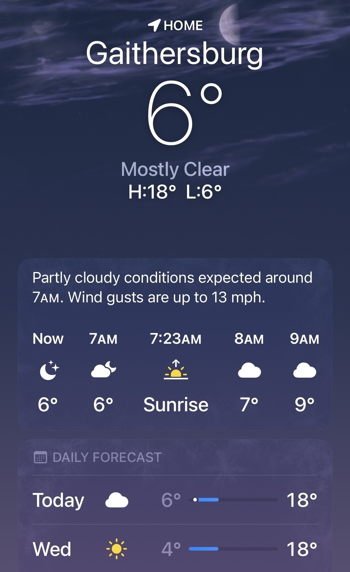 Auto-generated description: A weather app interface displays the current temperature as 6°C in Gaithersburg with mostly clear conditions and a forecast for partly cloudy skies and increased temperatures later in the day.